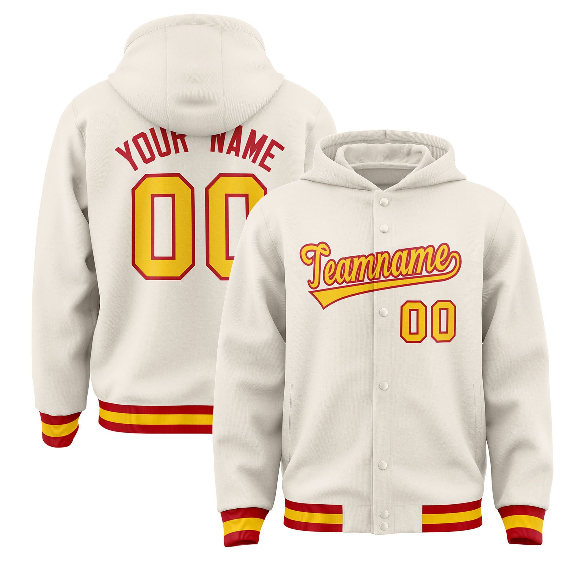 Custom Cream Gold-Red Varsity Full-Snap Letterman Classic Hoodie Jacket