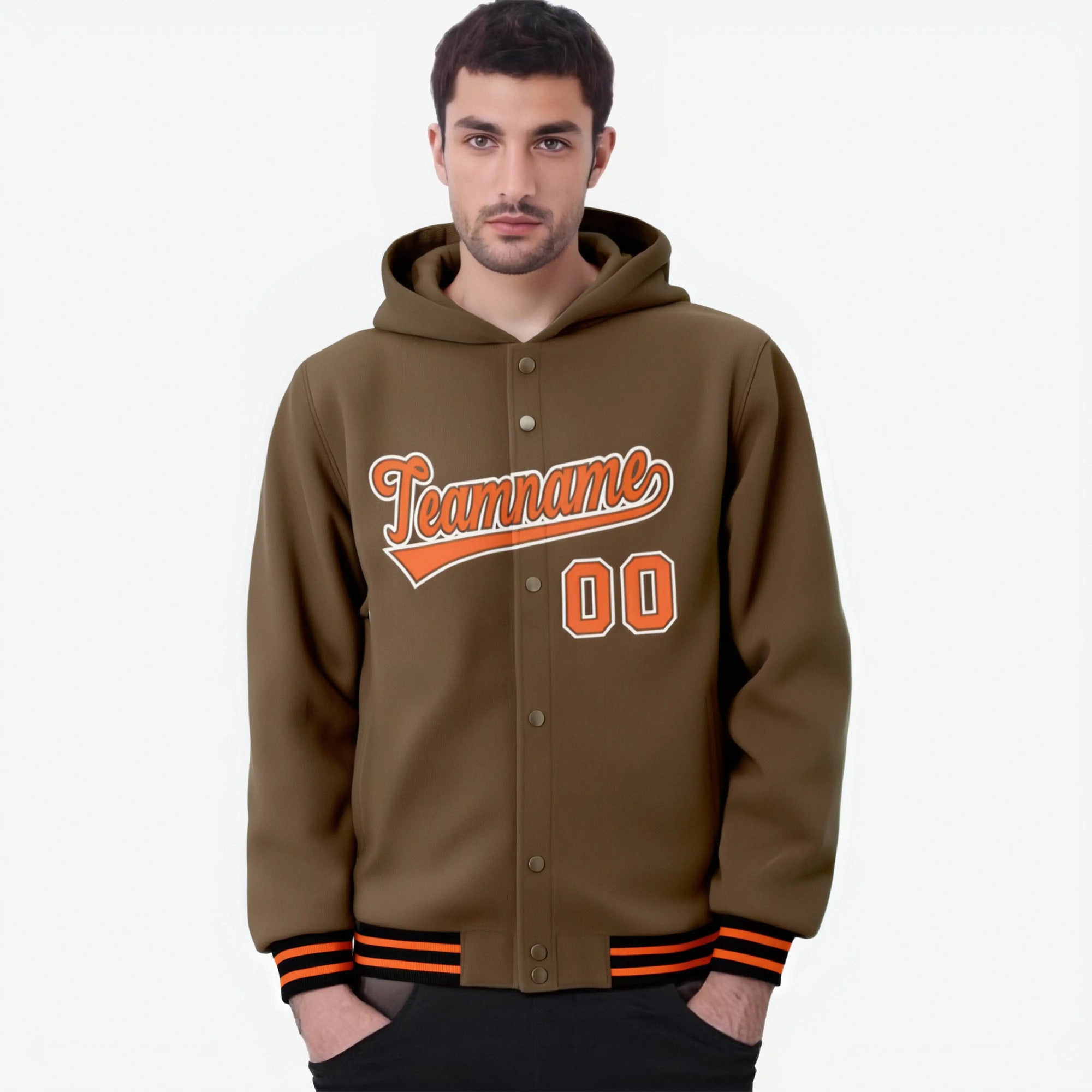 Custom Brown Orange-White Varsity Full-Snap Letterman Classic Hoodie Jacket