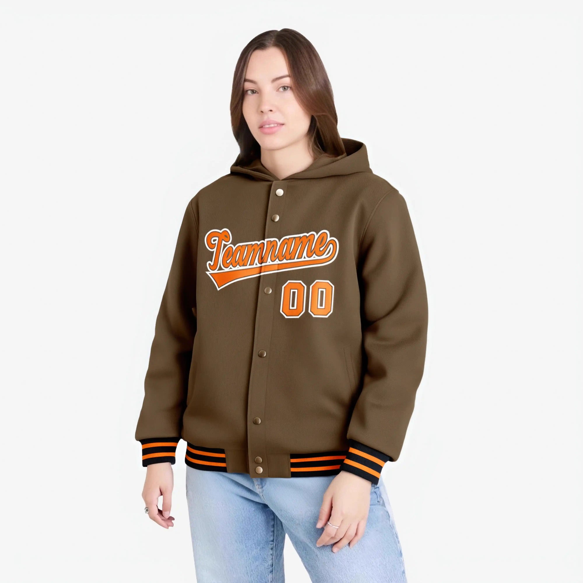 Custom Brown Orange-White Varsity Full-Snap Letterman Classic Hoodie Jacket