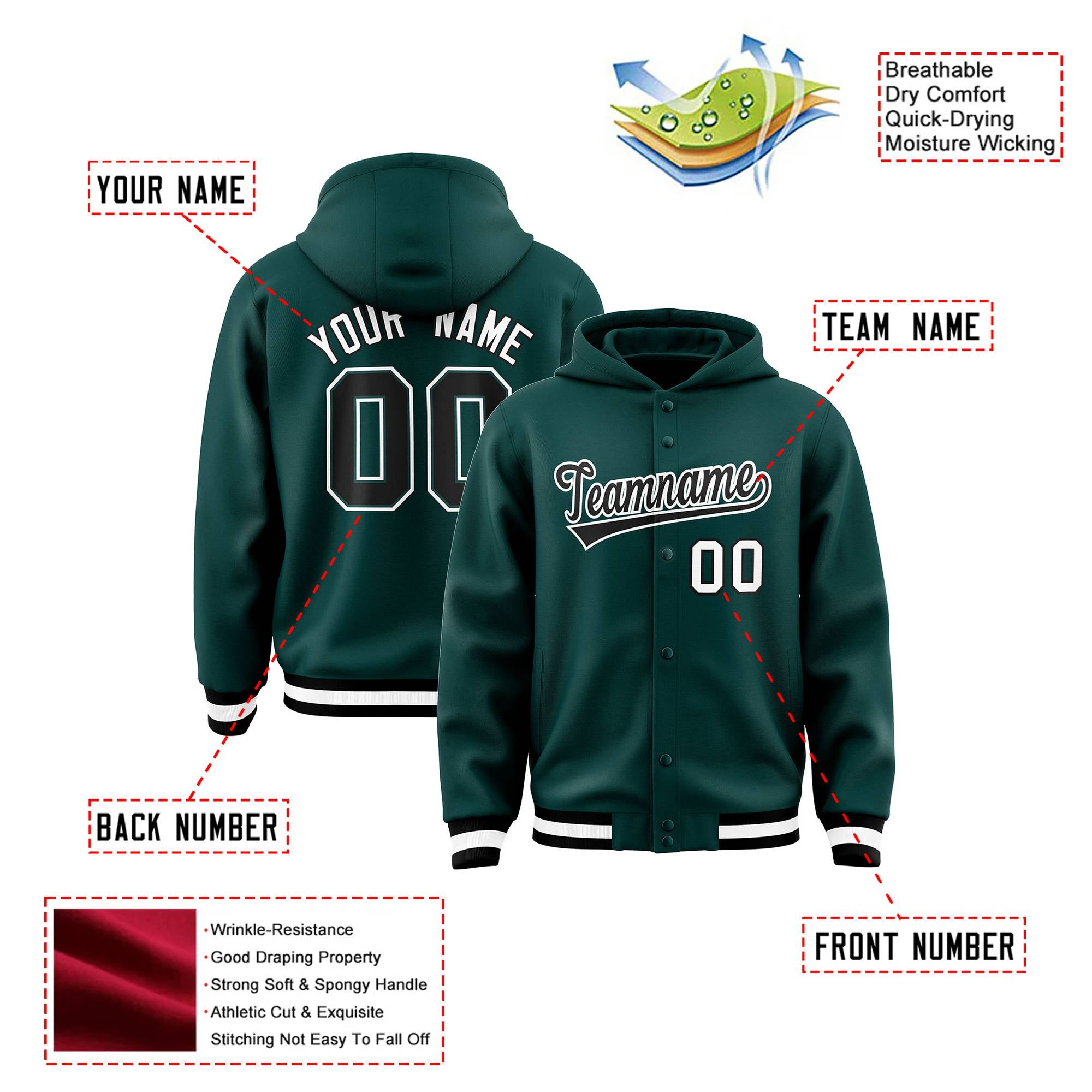 Custom Green Black-White Varsity Full-Snap Letterman Classic Hoodie Jacket