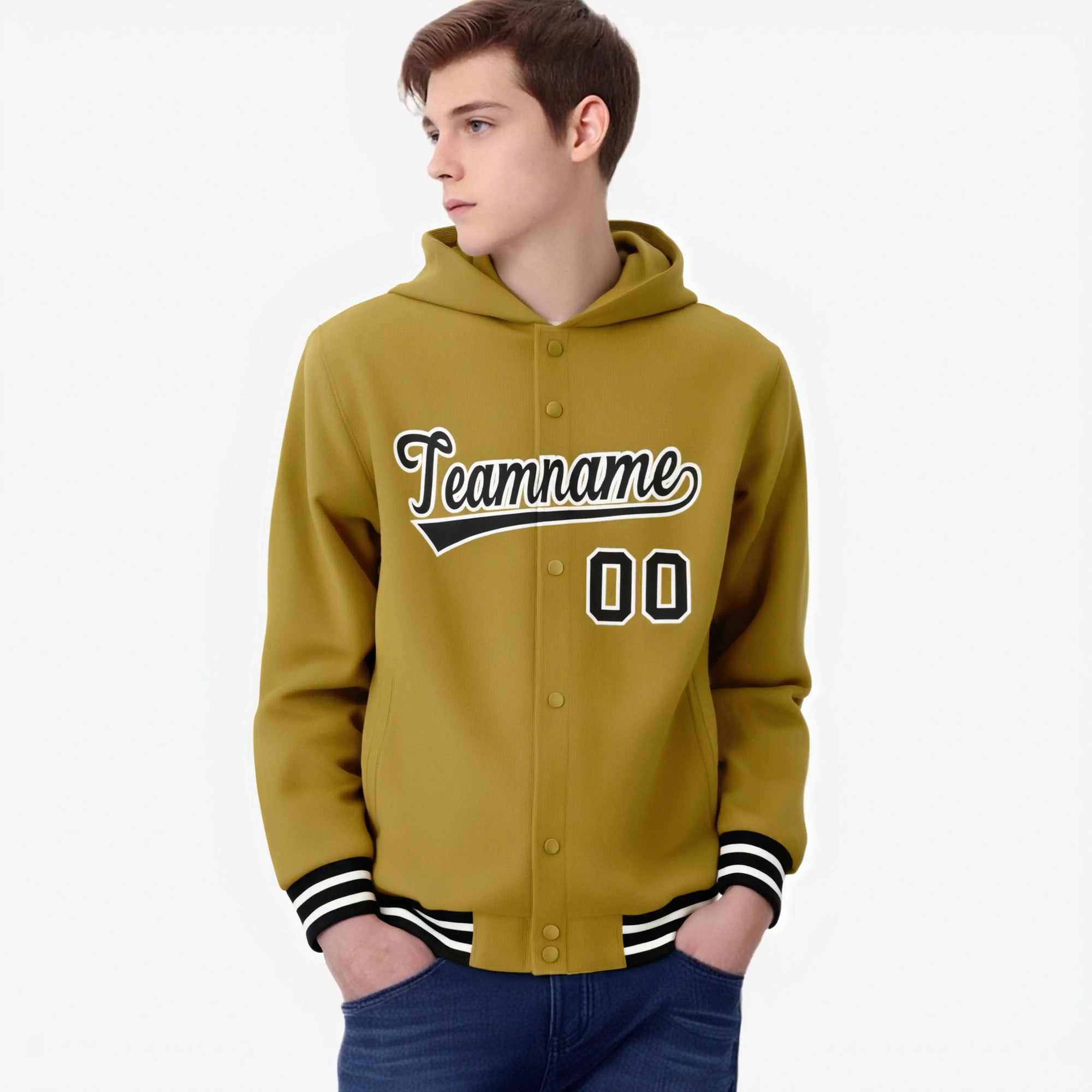 Custom Old Gold Black-White Varsity Full-Snap Letterman Classic Hoodie Jacket