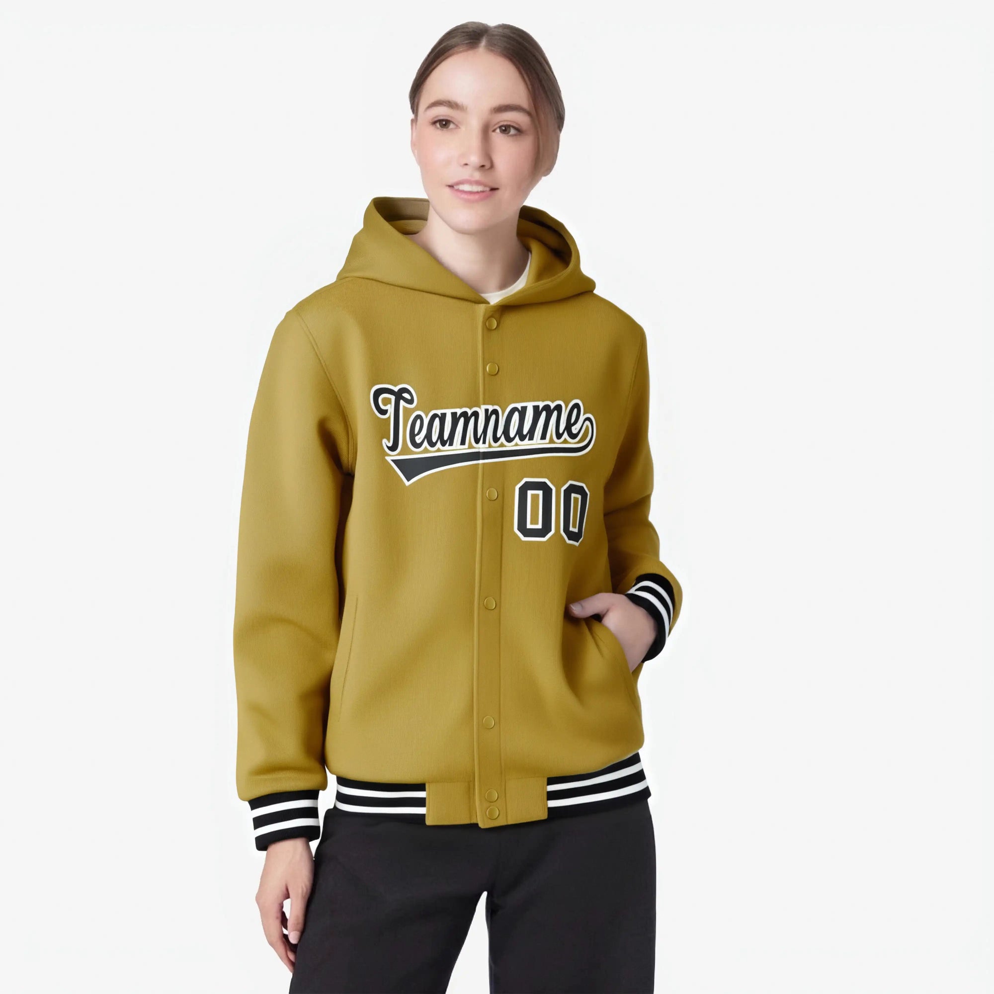 Custom Old Gold Black-White Varsity Full-Snap Letterman Classic Hoodie Jacket