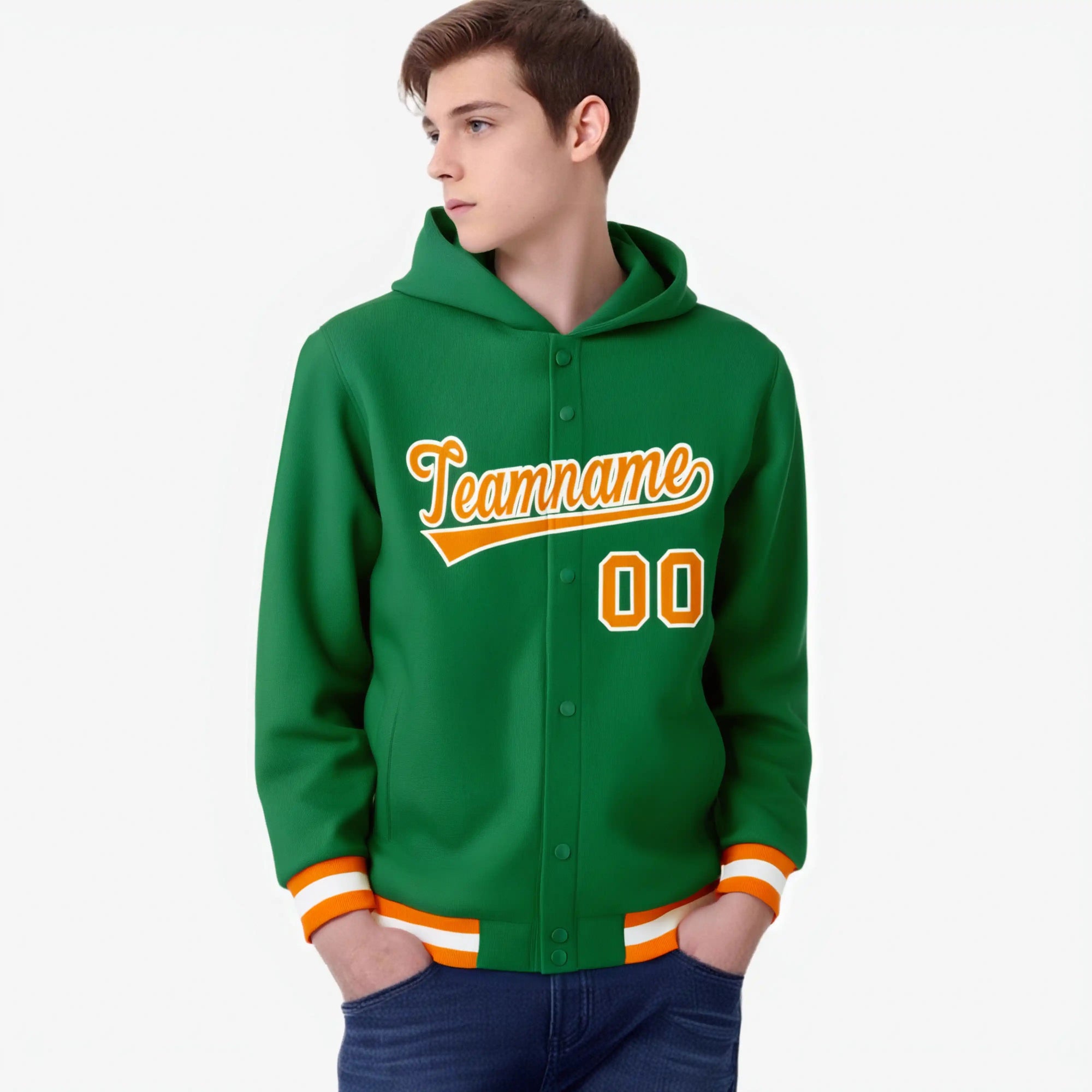 Custom Kelly Green Orange-White Varsity Full-Snap Letterman Classic Hoodie Jacket