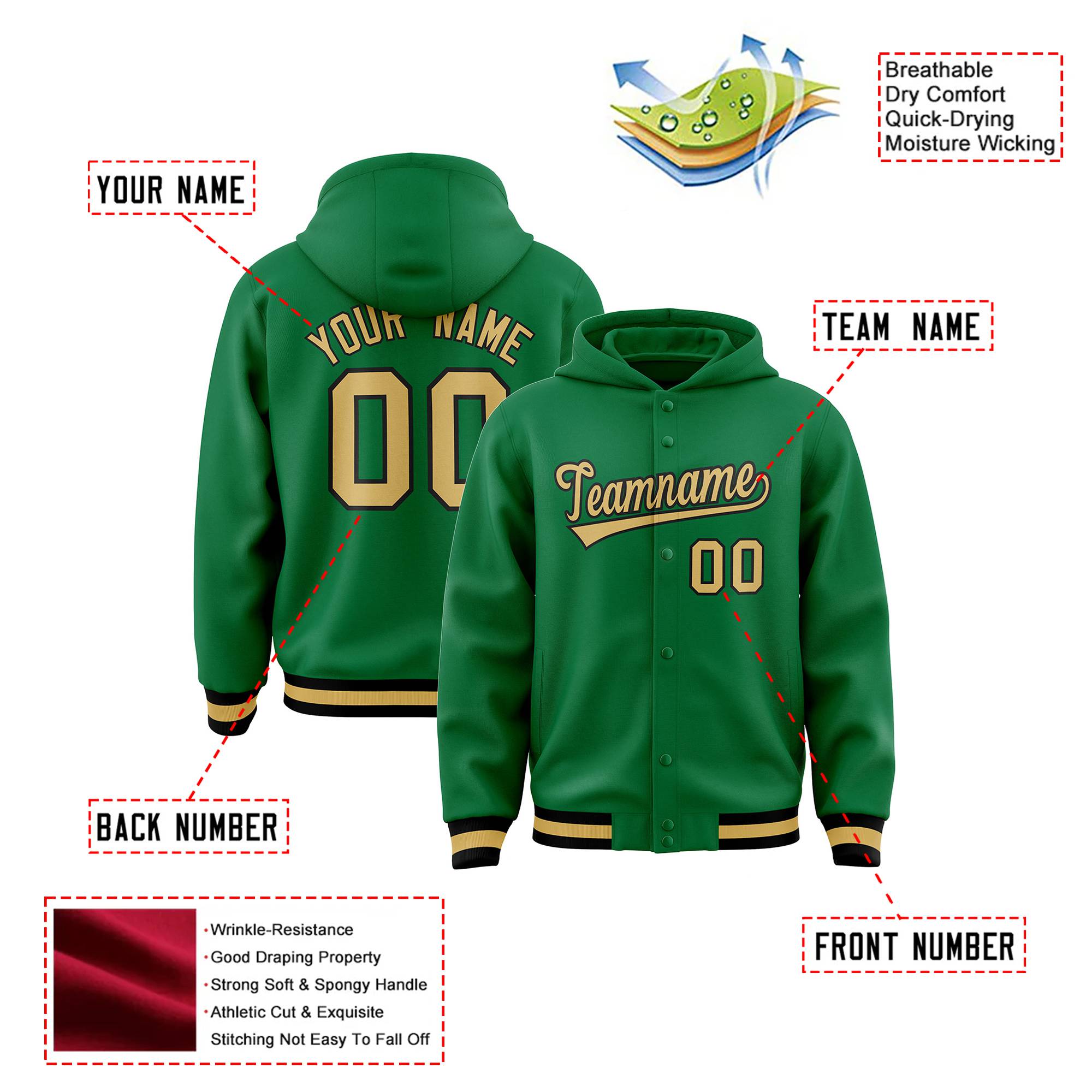 Custom Kelly Green Old Gold-Black Varsity Full-Snap Letterman Classic Hoodie Jacket