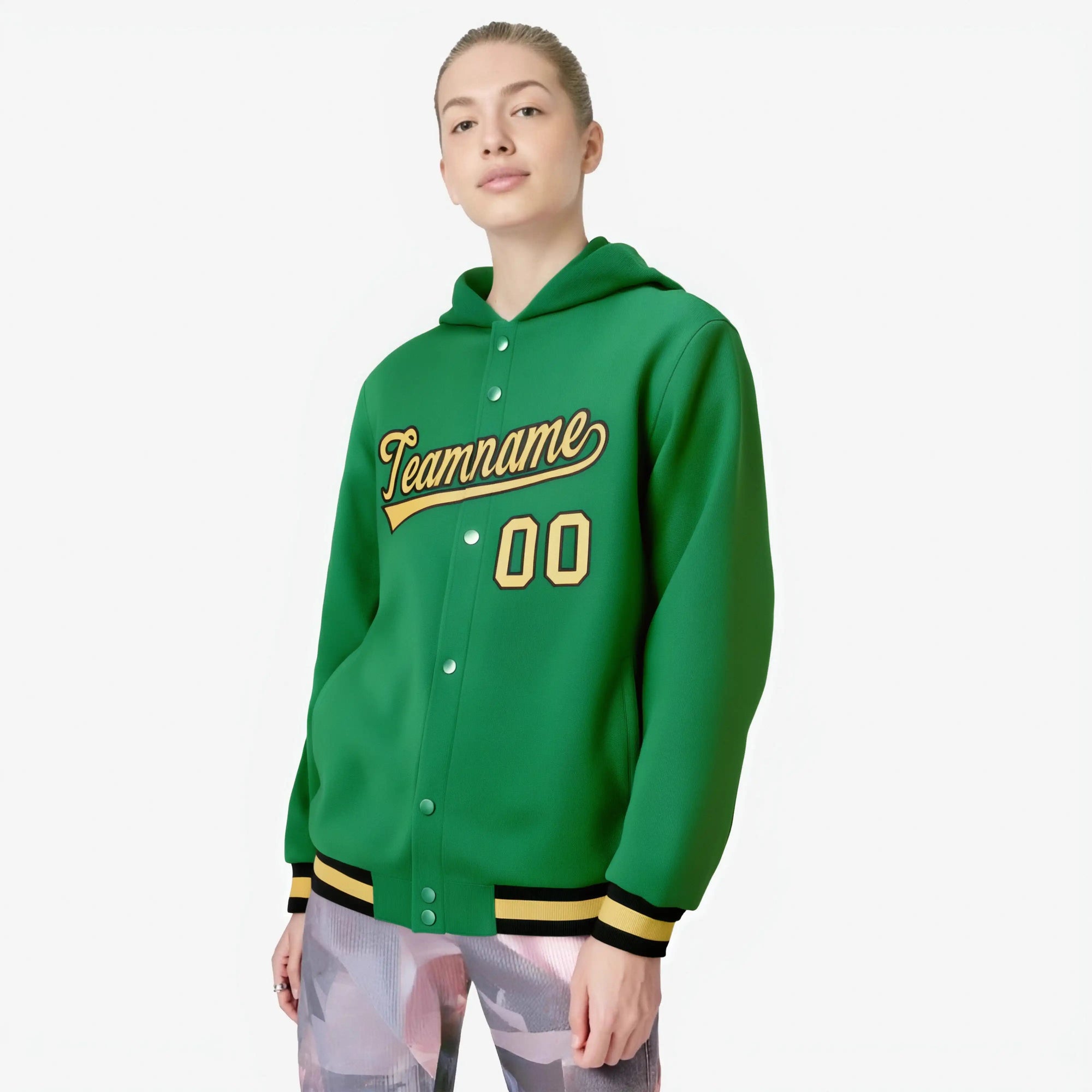 Custom Kelly Green Old Gold-Black Varsity Full-Snap Letterman Classic Hoodie Jacket