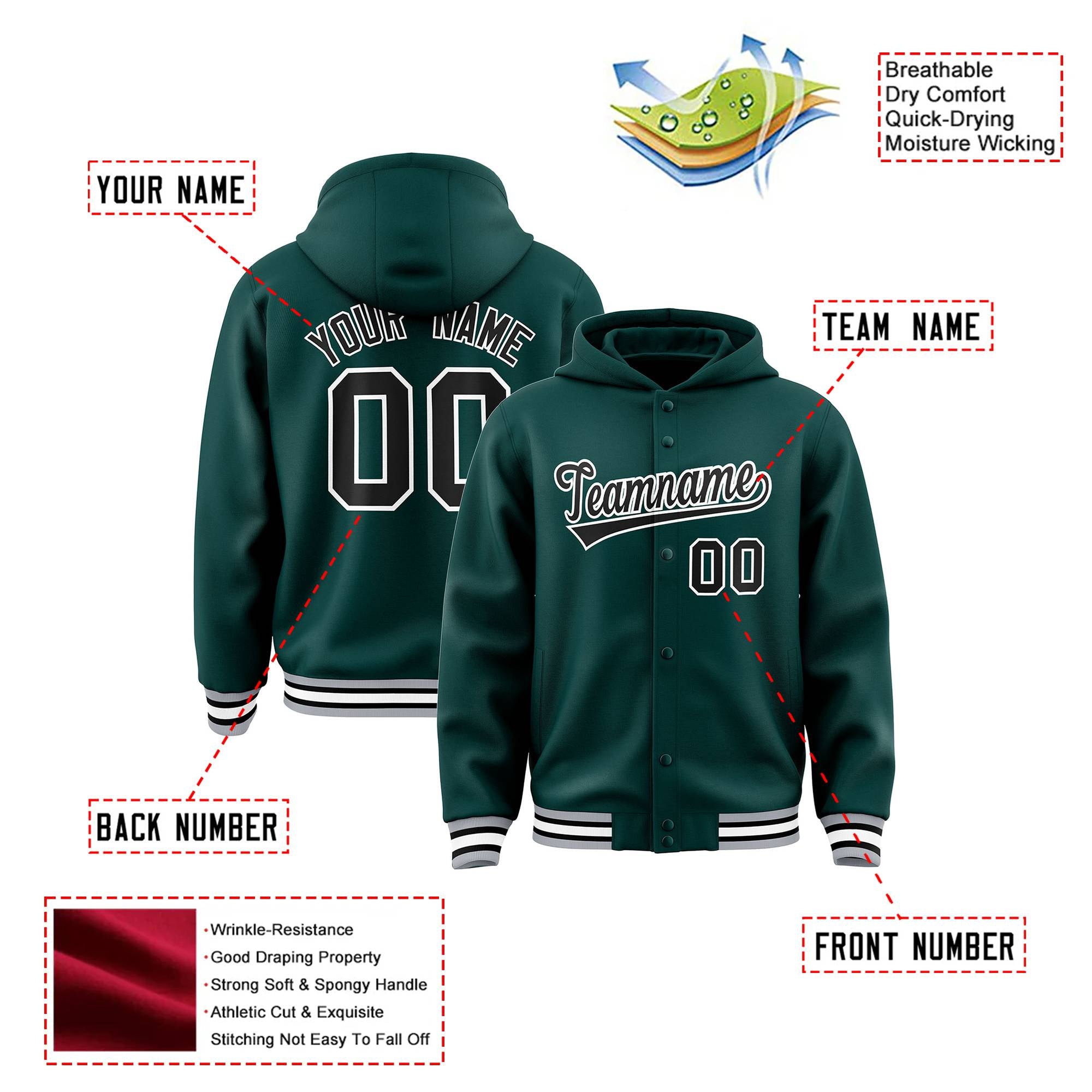 Custom Green Black-White Varsity Full-Snap Letterman Classic Hoodie Jacket