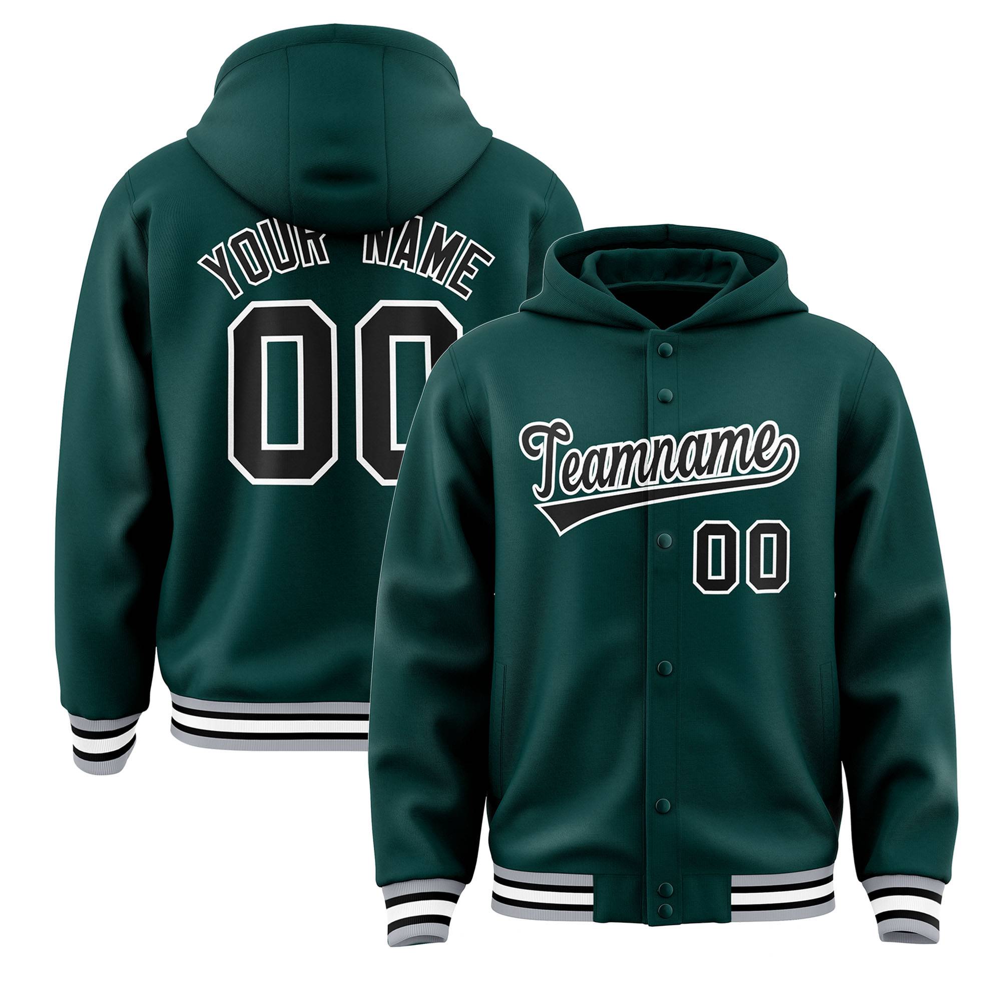 Custom Green Black-White Varsity Full-Snap Letterman Classic Hoodie Jacket