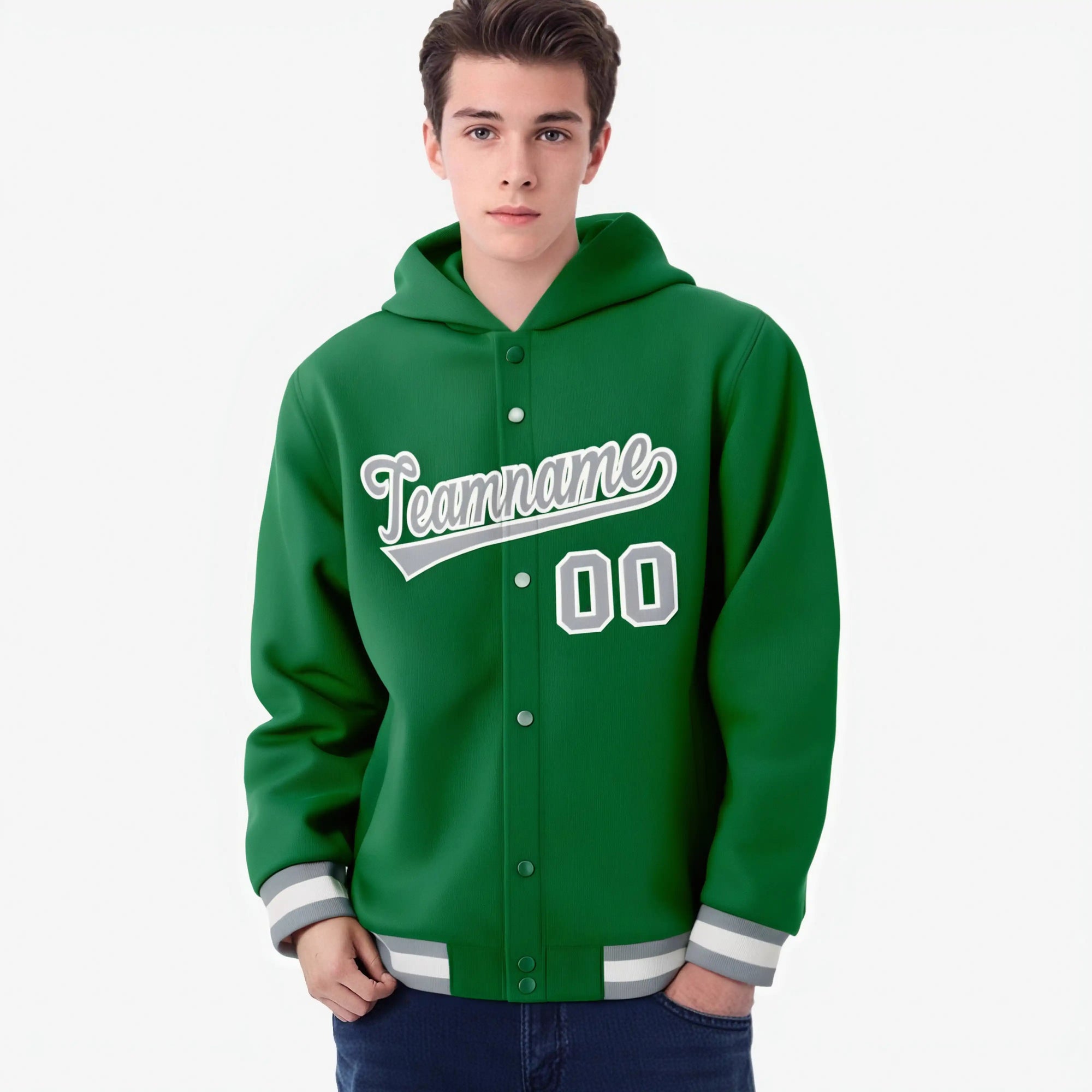 Custom Kelly Green Gray-White Varsity Full-Snap Letterman Classic Hoodie Jacket