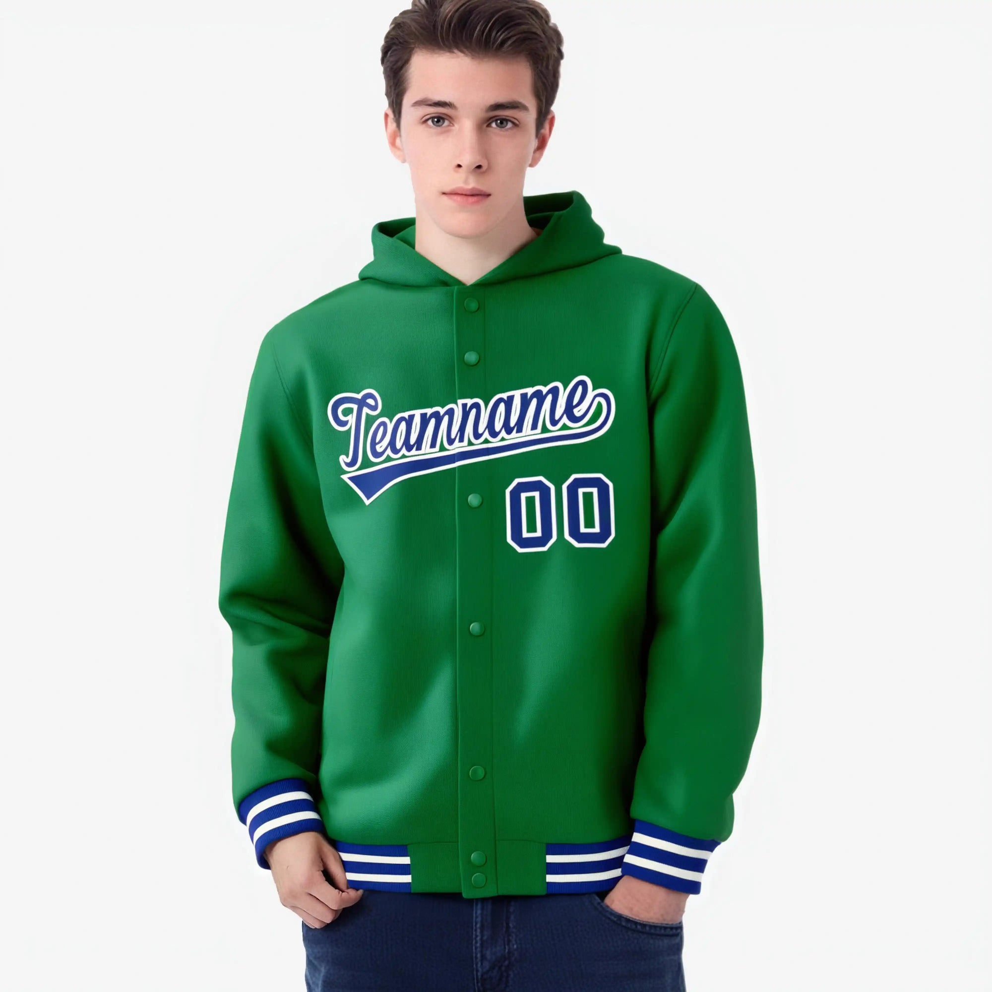 Custom Kelly Green Royal Blue-White Varsity Full-Snap Letterman Classic Hoodie Jacket