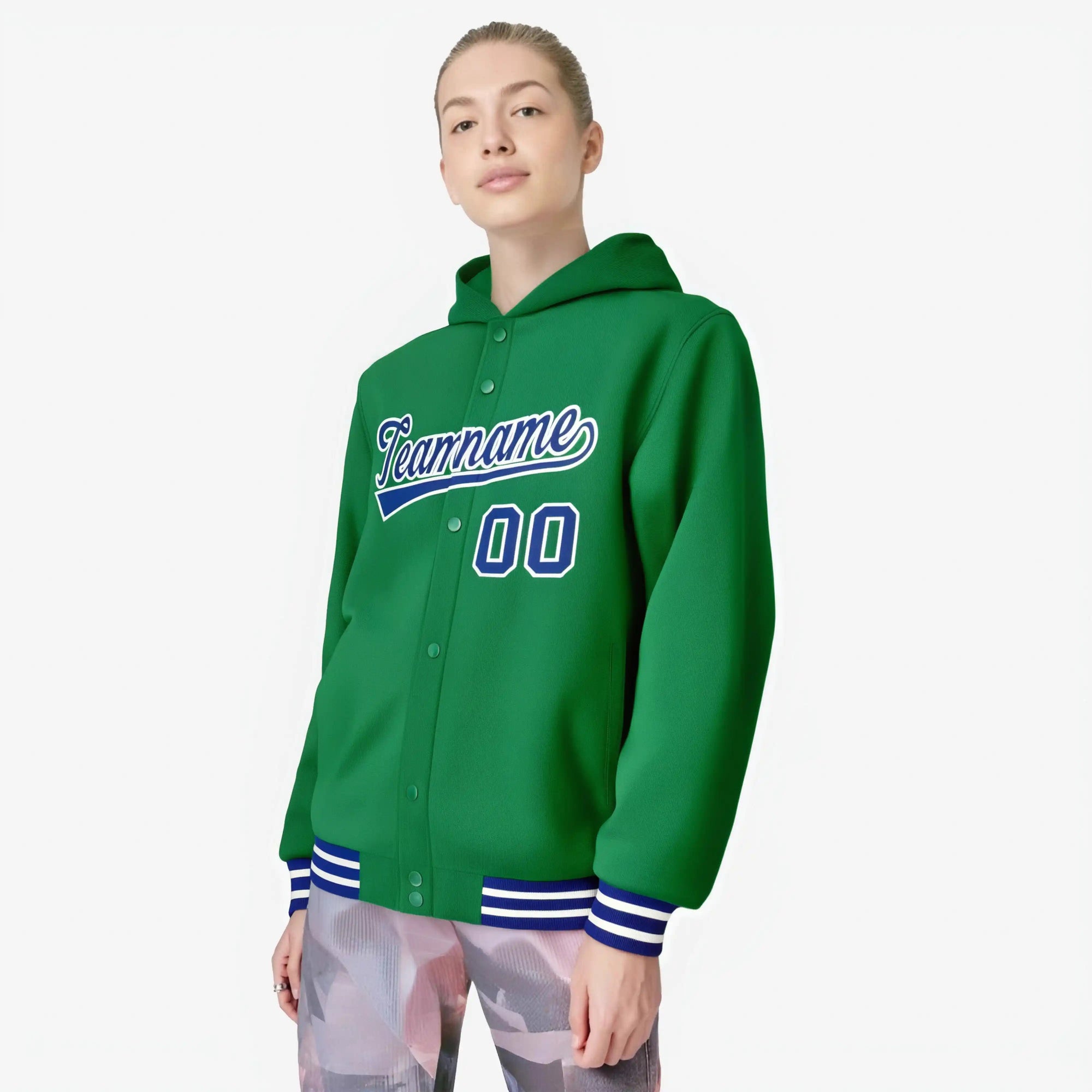 Custom Kelly Green Royal Blue-White Varsity Full-Snap Letterman Classic Hoodie Jacket