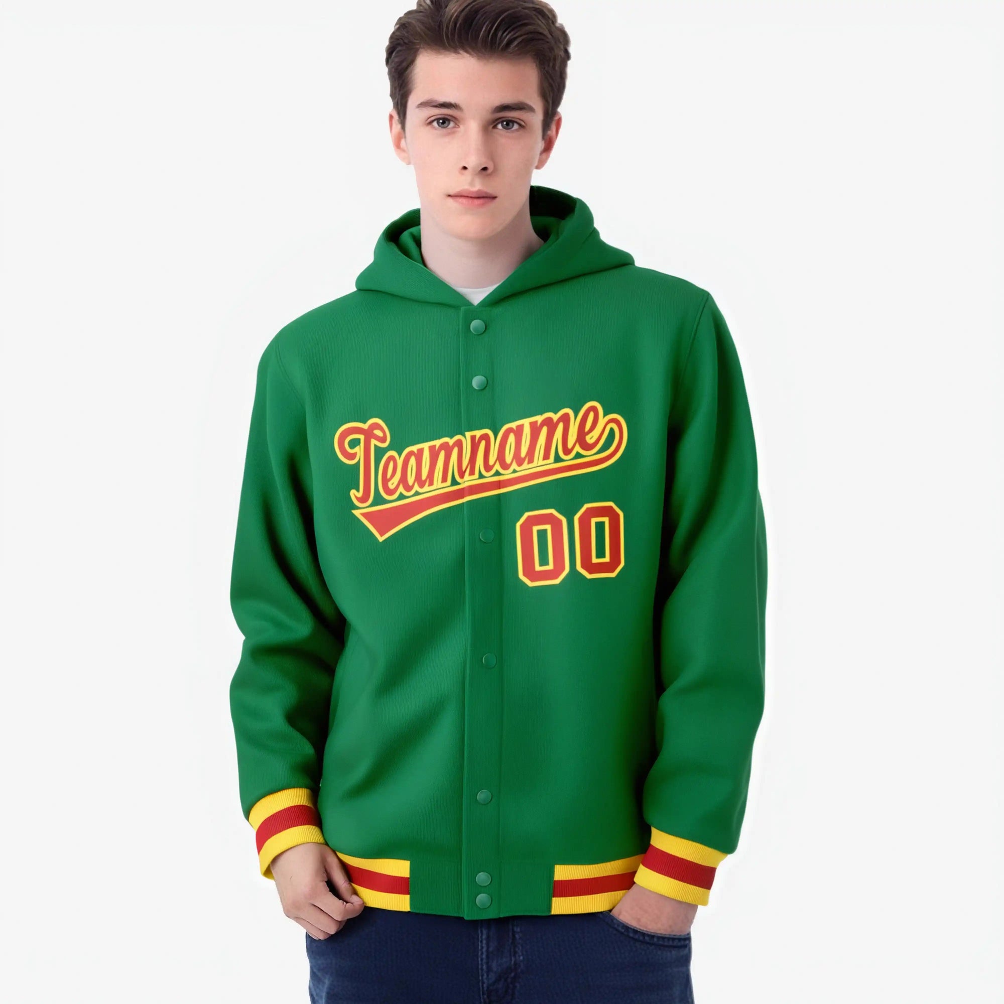 Custom Kelly Green Red-Gold Varsity Full-Snap Letterman Classic Hoodie Jacket