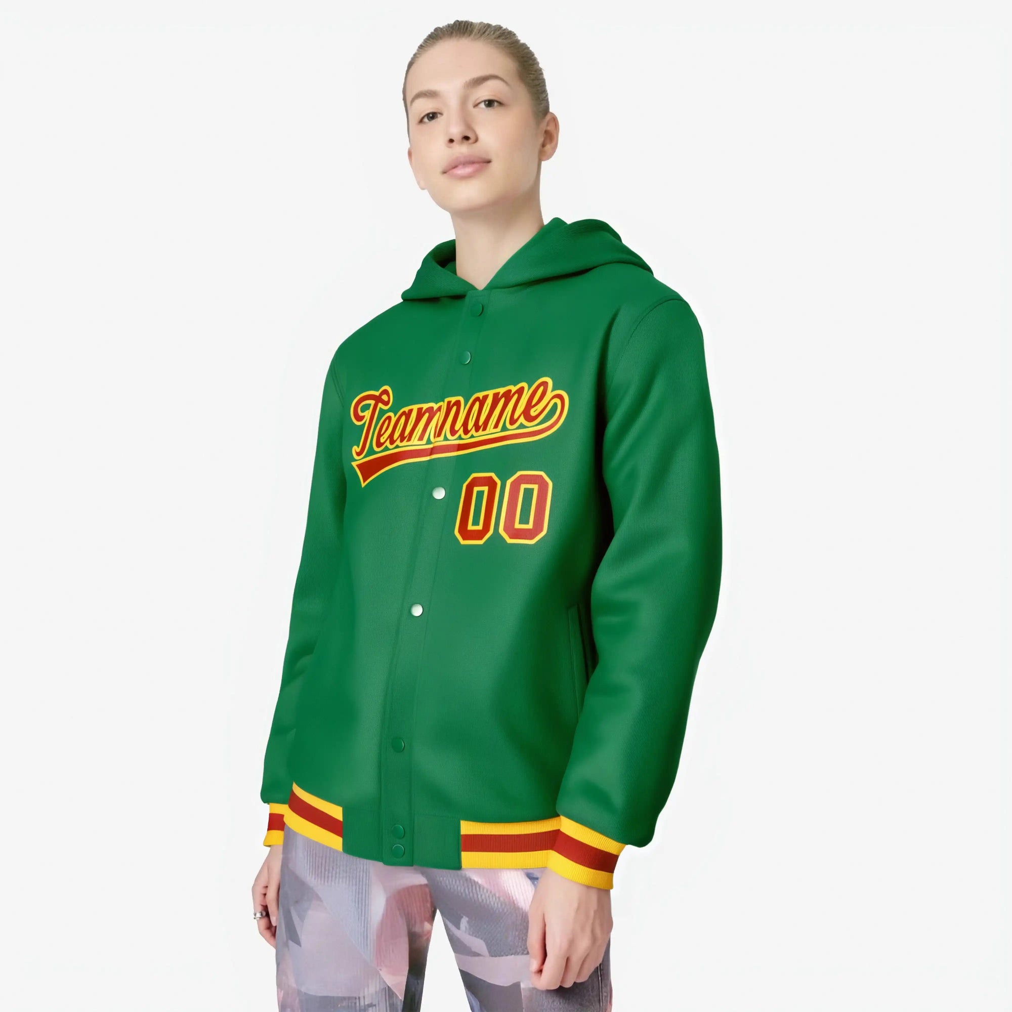 Custom Kelly Green Red-Gold Varsity Full-Snap Letterman Classic Hoodie Jacket