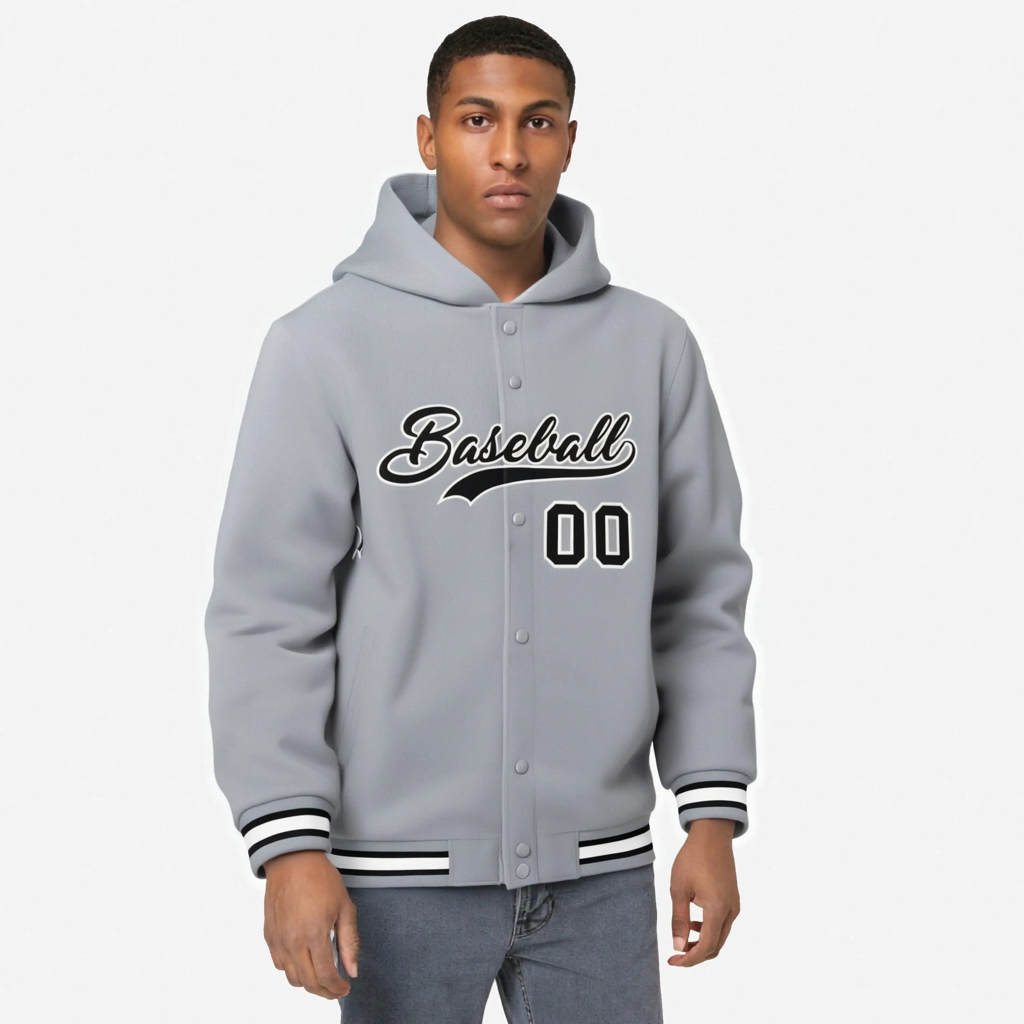 Custom Gray Black-White Varsity Full-Snap Letterman Classic Hoodie Jacket