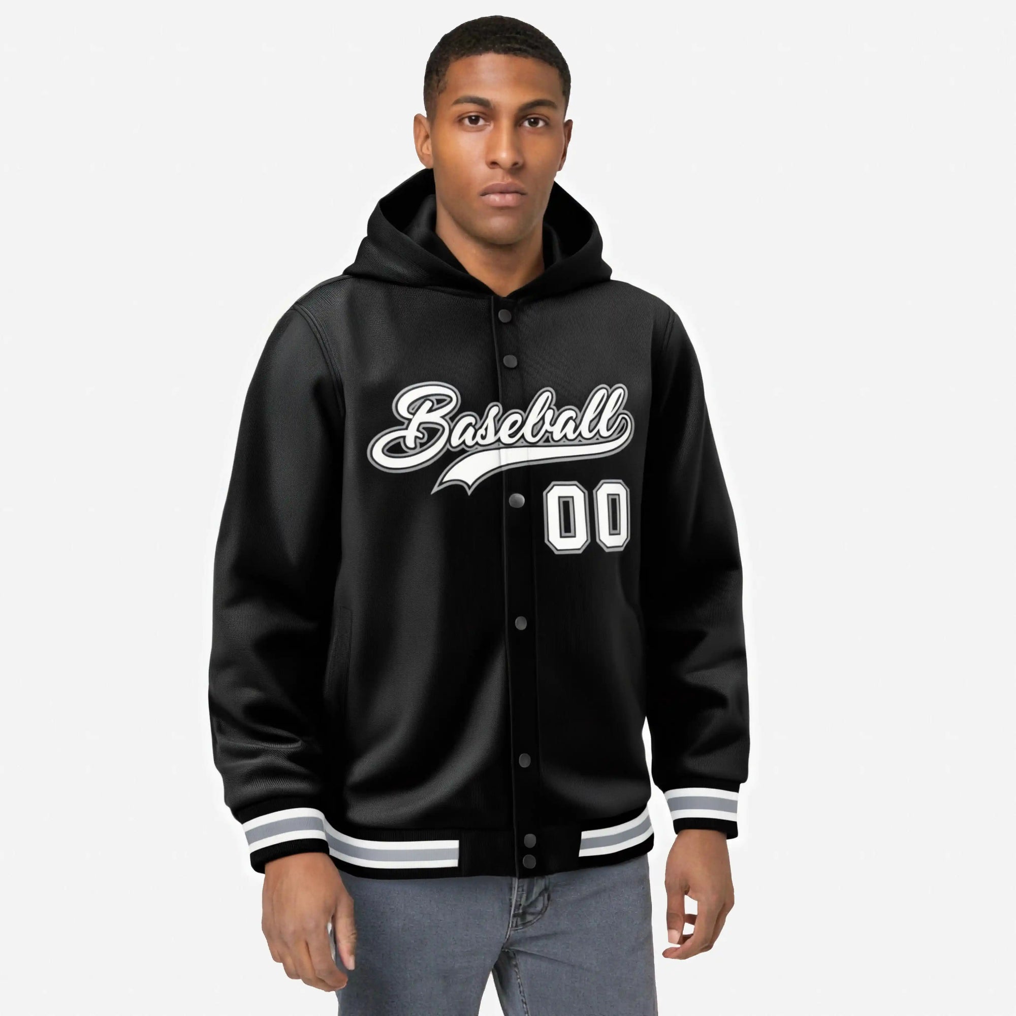 Custom Black White-Gray Varsity Full-Snap Letterman Classic Hoodie Jacket