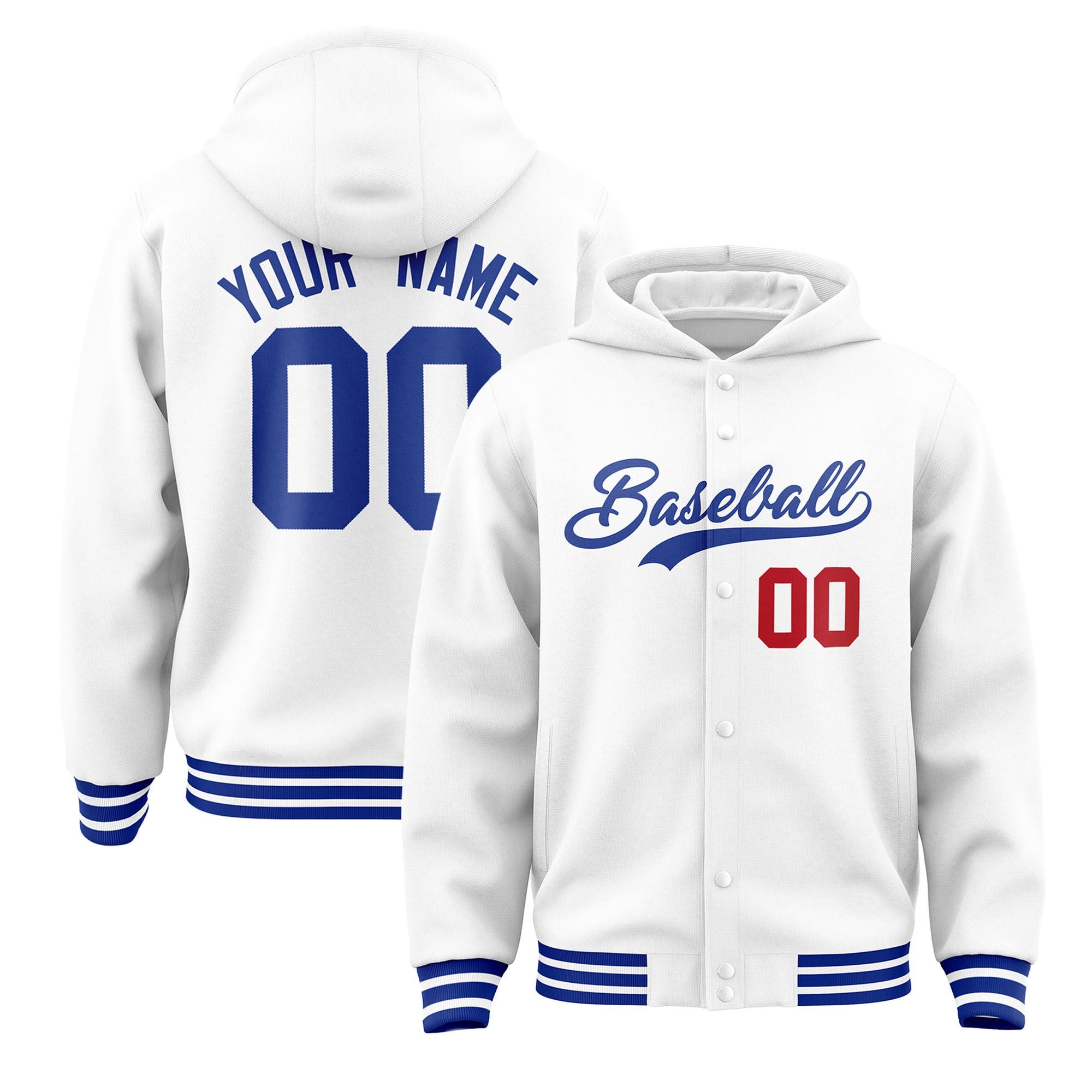 Custom White Royal Blue Varsity Full-Snap Letterman Classic Hoodie Jacket