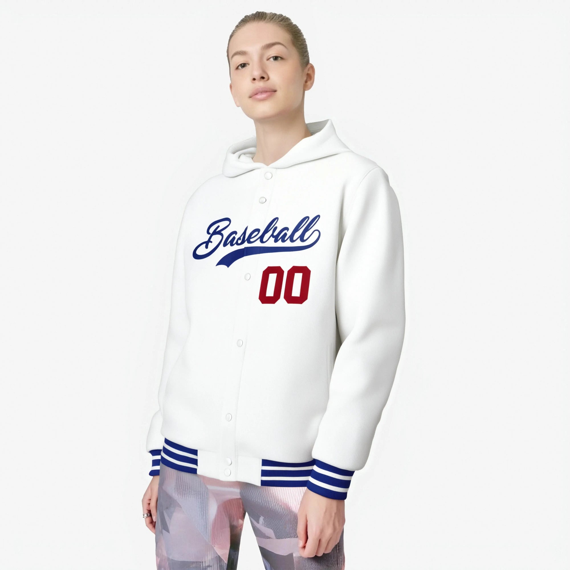 Custom White Royal Blue Varsity Full-Snap Letterman Classic Hoodie Jacket