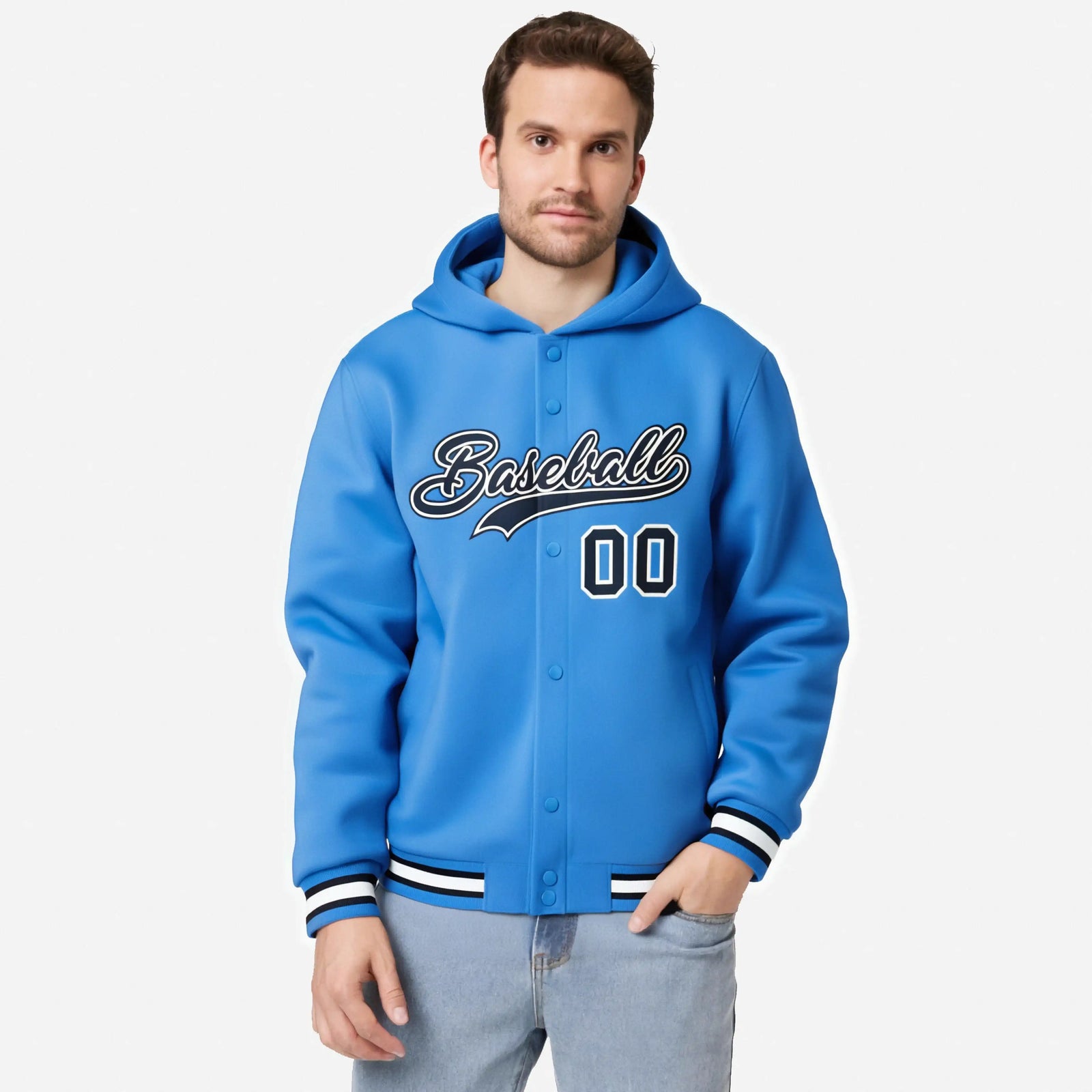 Custom Powder Blue Navy-White Varsity Full-Snap Letterman Classic Hoodie Jacket