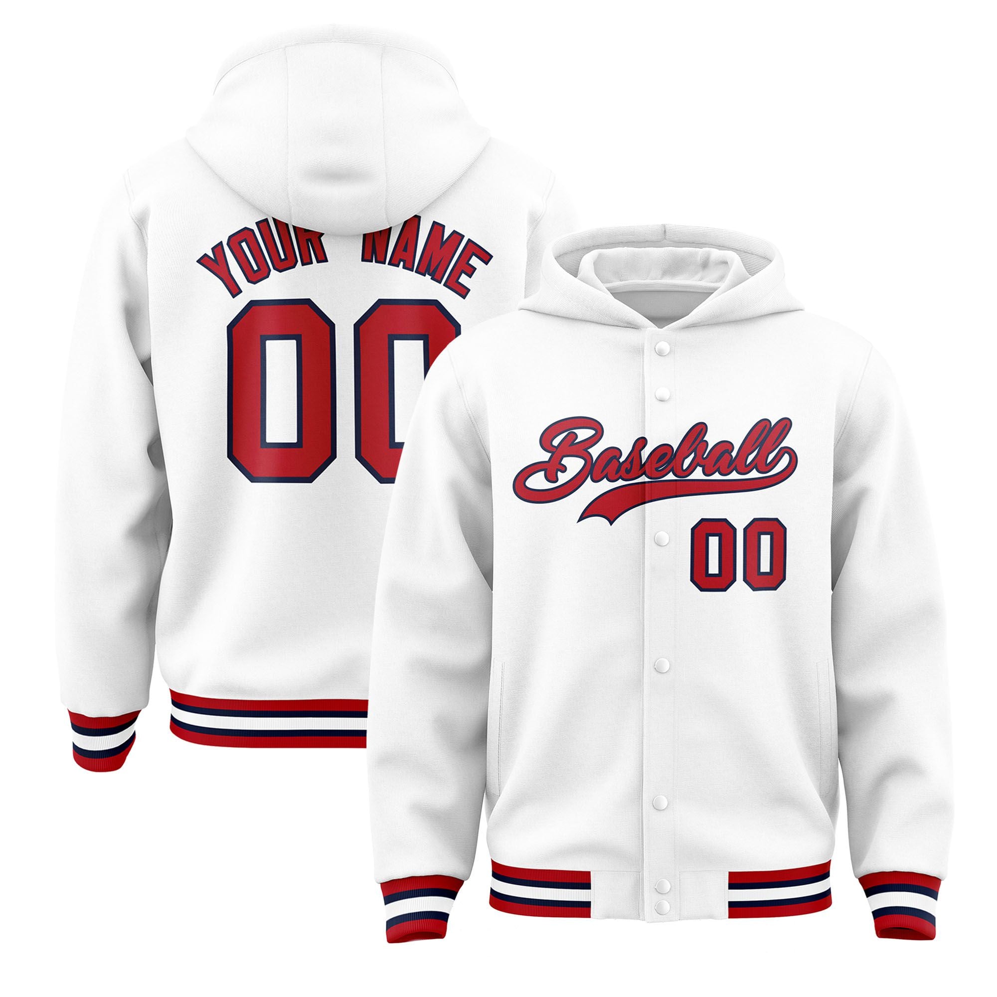 Custom Black Red-Navy Varsity Full-Snap Letterman Classic Hoodie Jacket