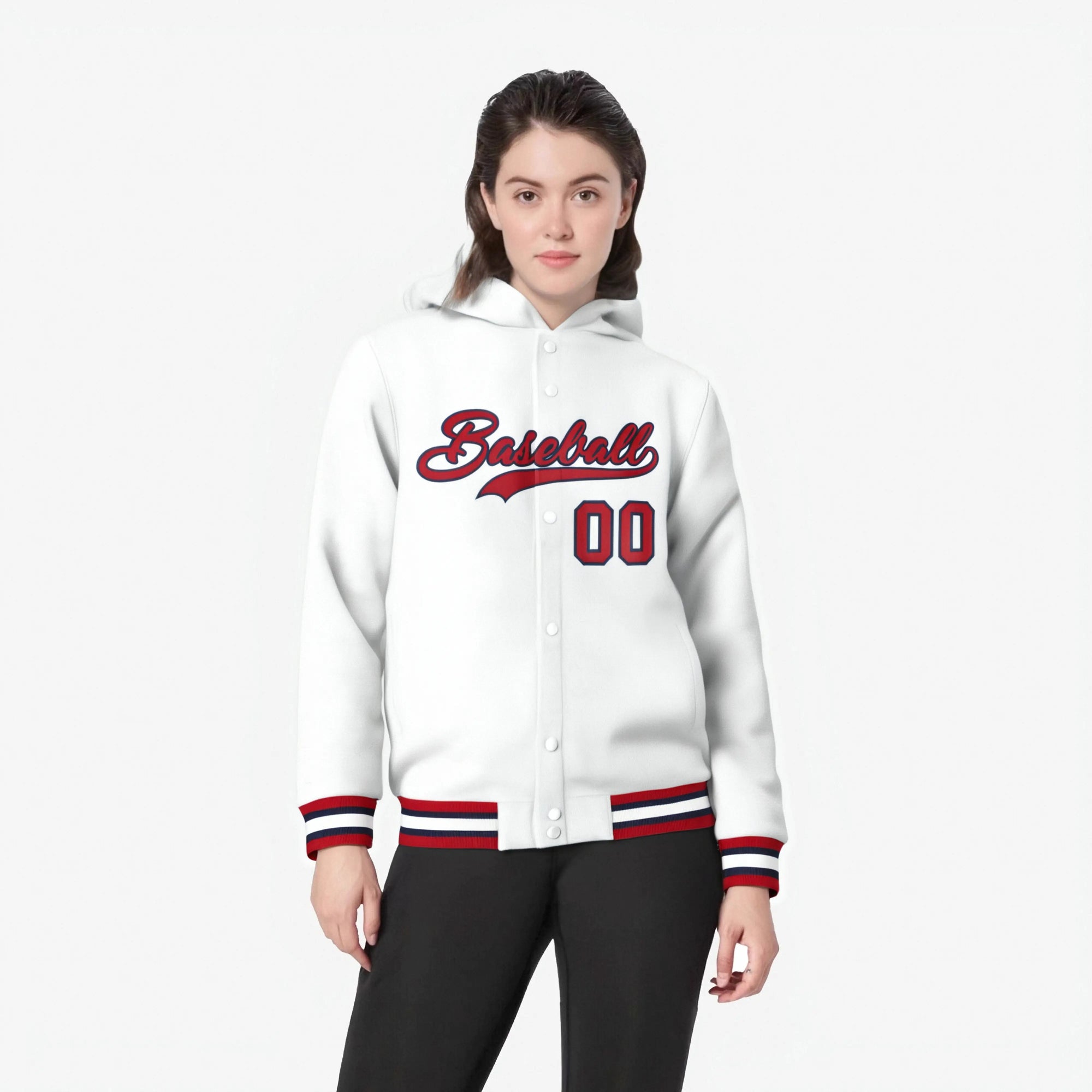 Custom Black Red-Navy Varsity Full-Snap Letterman Classic Hoodie Jacket