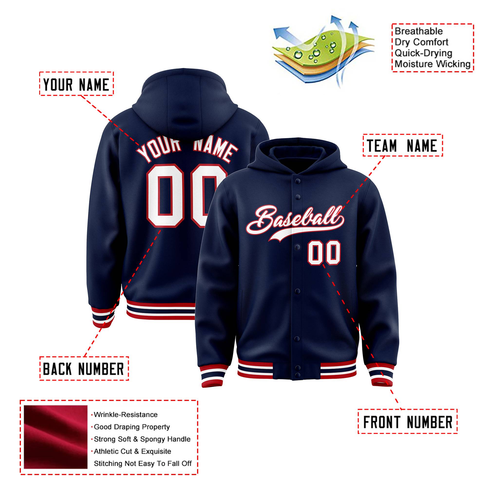 Custom Navy White-Red Varsity Full-Snap Letterman Classic Hoodie Jacket