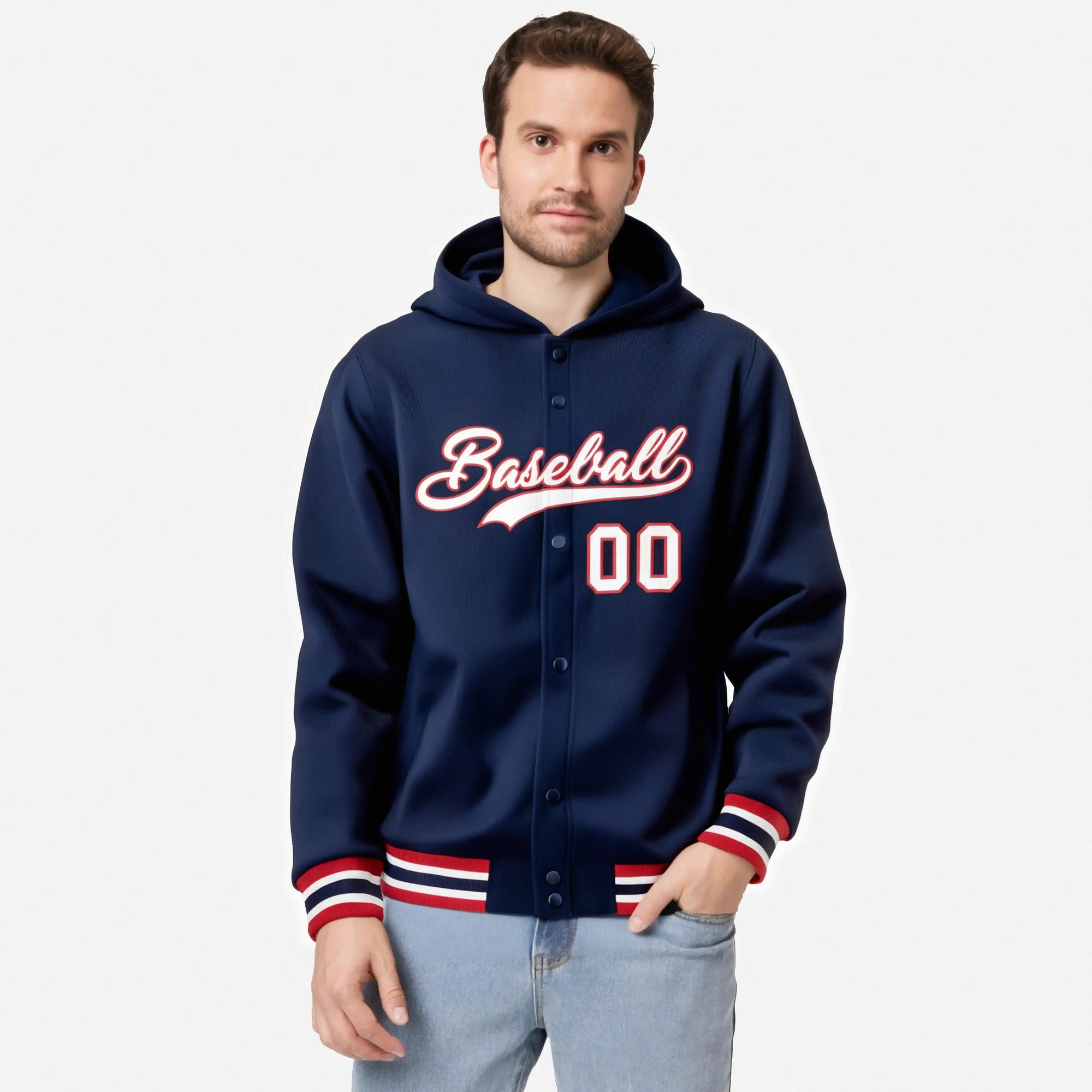 Custom Navy White-Red Varsity Full-Snap Letterman Classic Hoodie Jacket