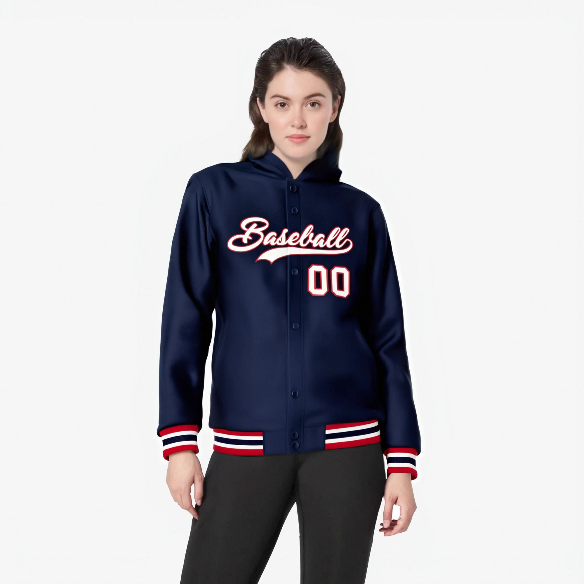 Custom Navy White-Red Varsity Full-Snap Letterman Classic Hoodie Jacket