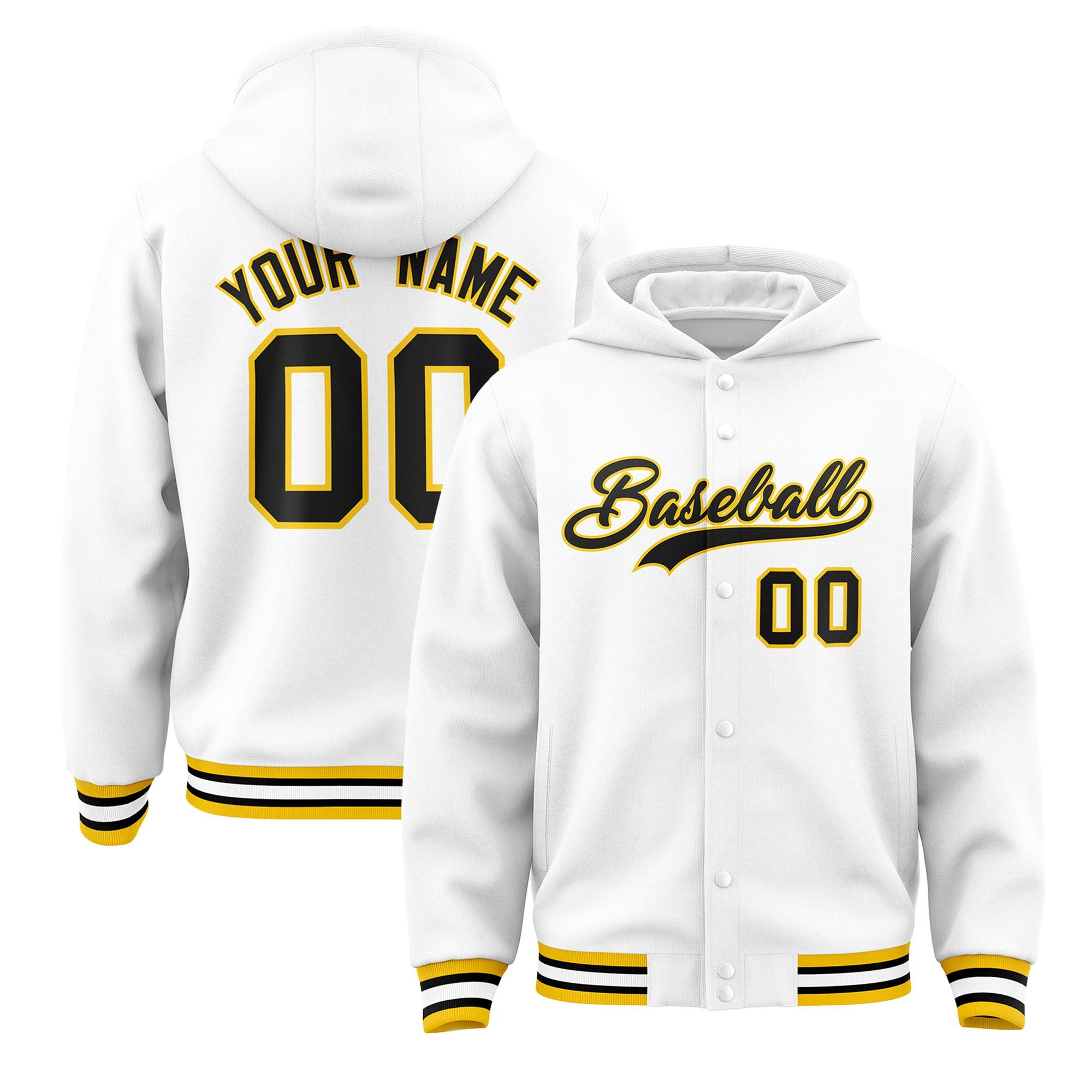 Custom White Black-Gold Varsity Full-Snap Letterman Classic Hoodie Jacket