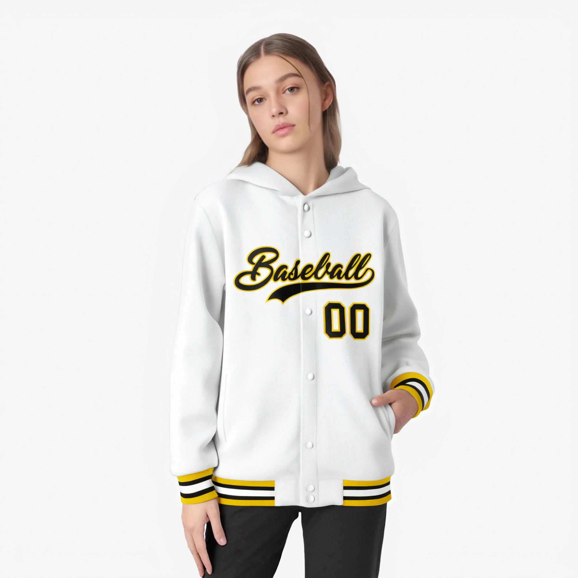 Custom White Black-Gold Varsity Full-Snap Letterman Classic Hoodie Jacket