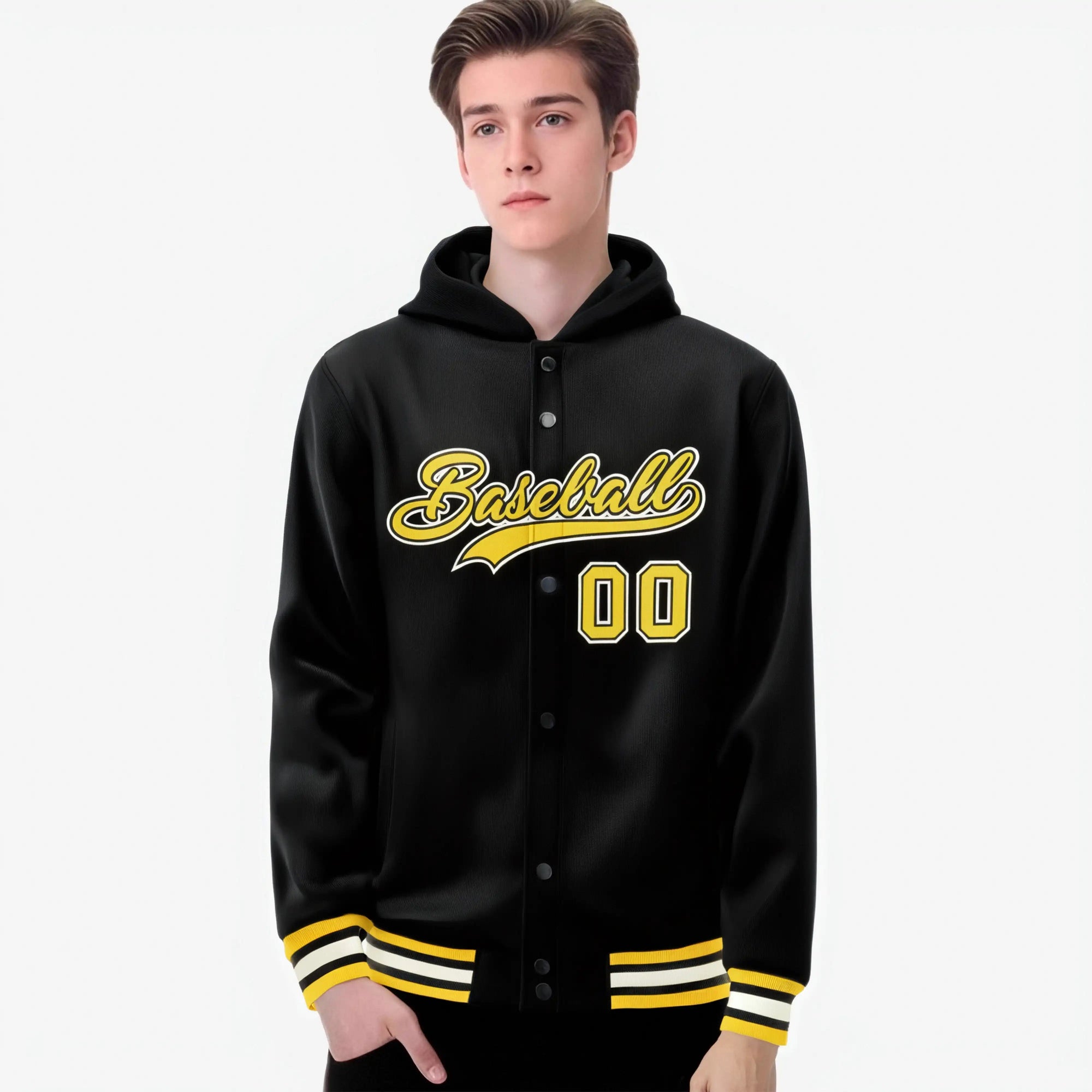 Custom Black Gold-Black Varsity Full-Snap Letterman Classic Hoodie Jacket