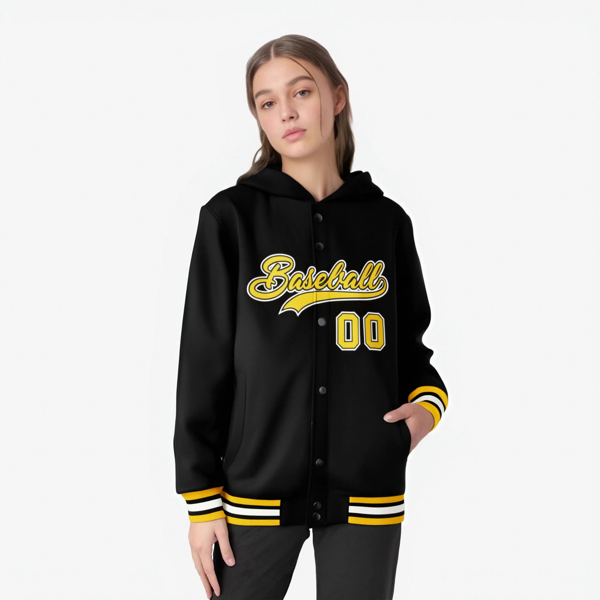 Custom Black Gold-Black Varsity Full-Snap Letterman Classic Hoodie Jacket