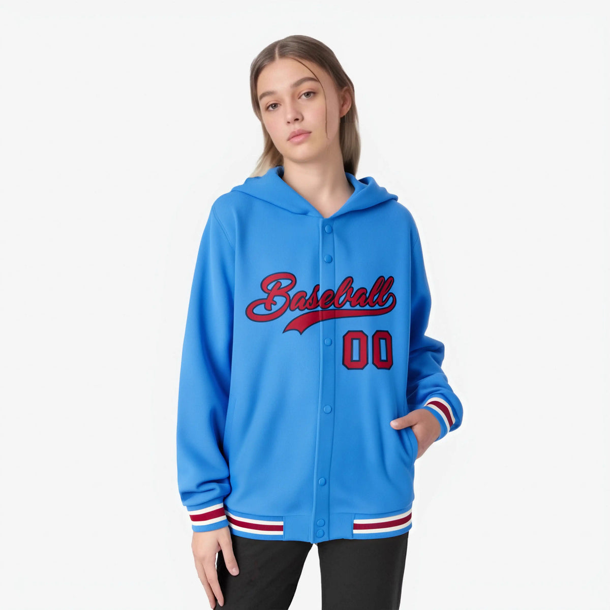 Custom Powder Blue Red-Navy Varsity Full-Snap Letterman Classic Hoodie Jacket