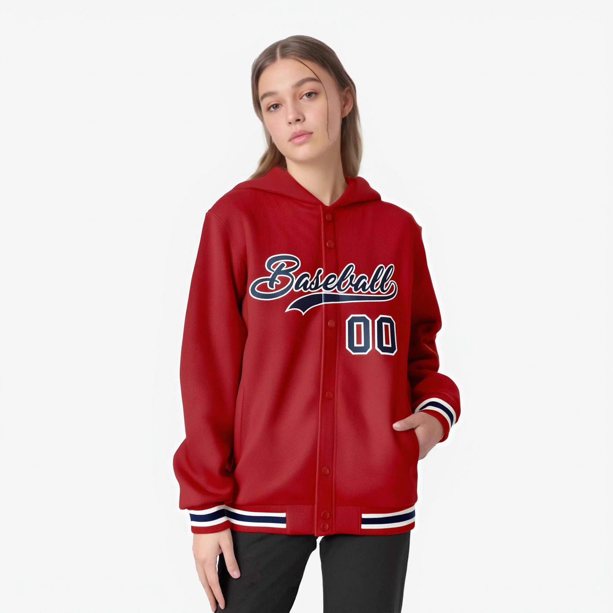 Custom Red Nacy-White Varsity Full-Snap Letterman Classic Hoodie Jacket