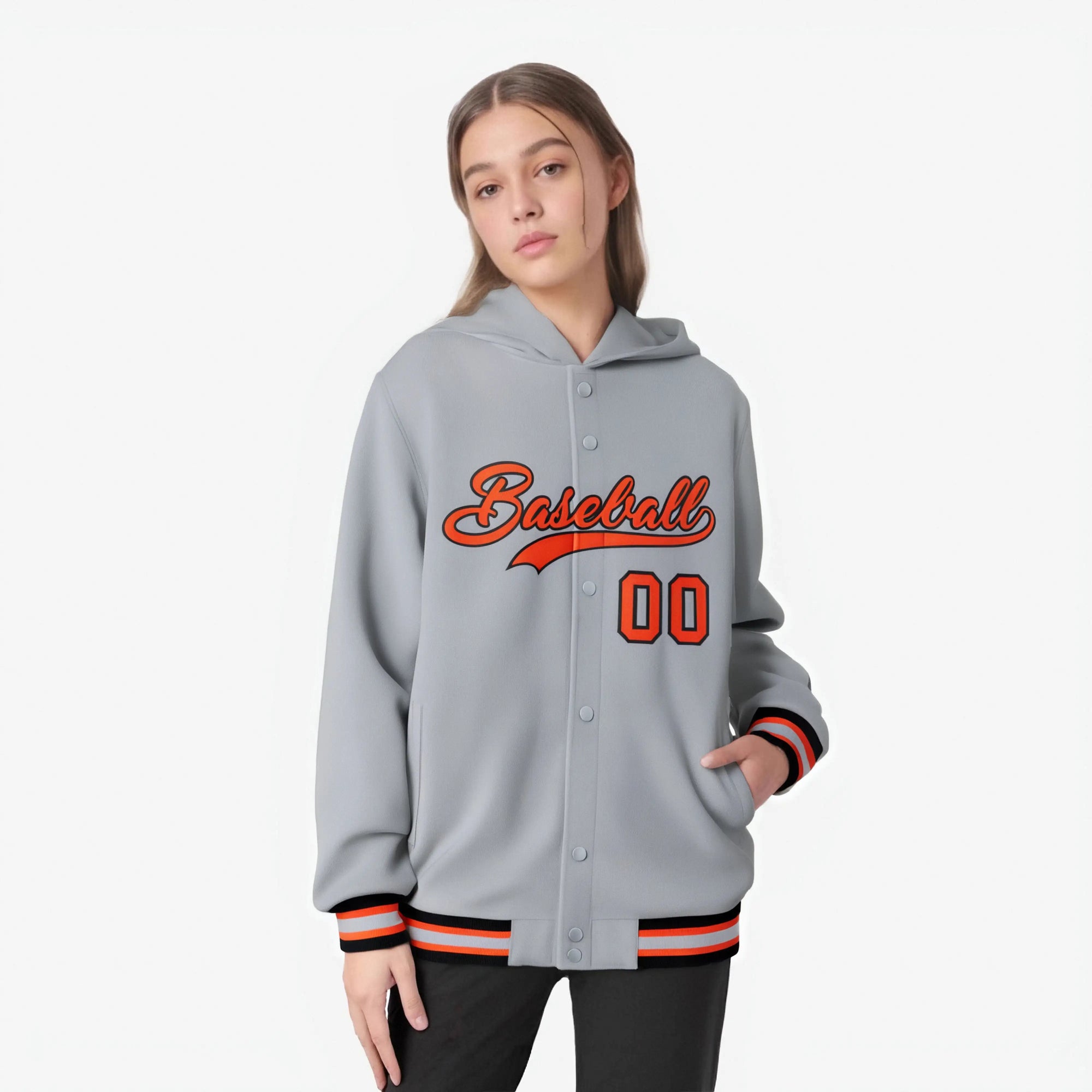 Custom Gray Orange-Black Varsity Full-Snap Letterman Classic Hoodie Jacket