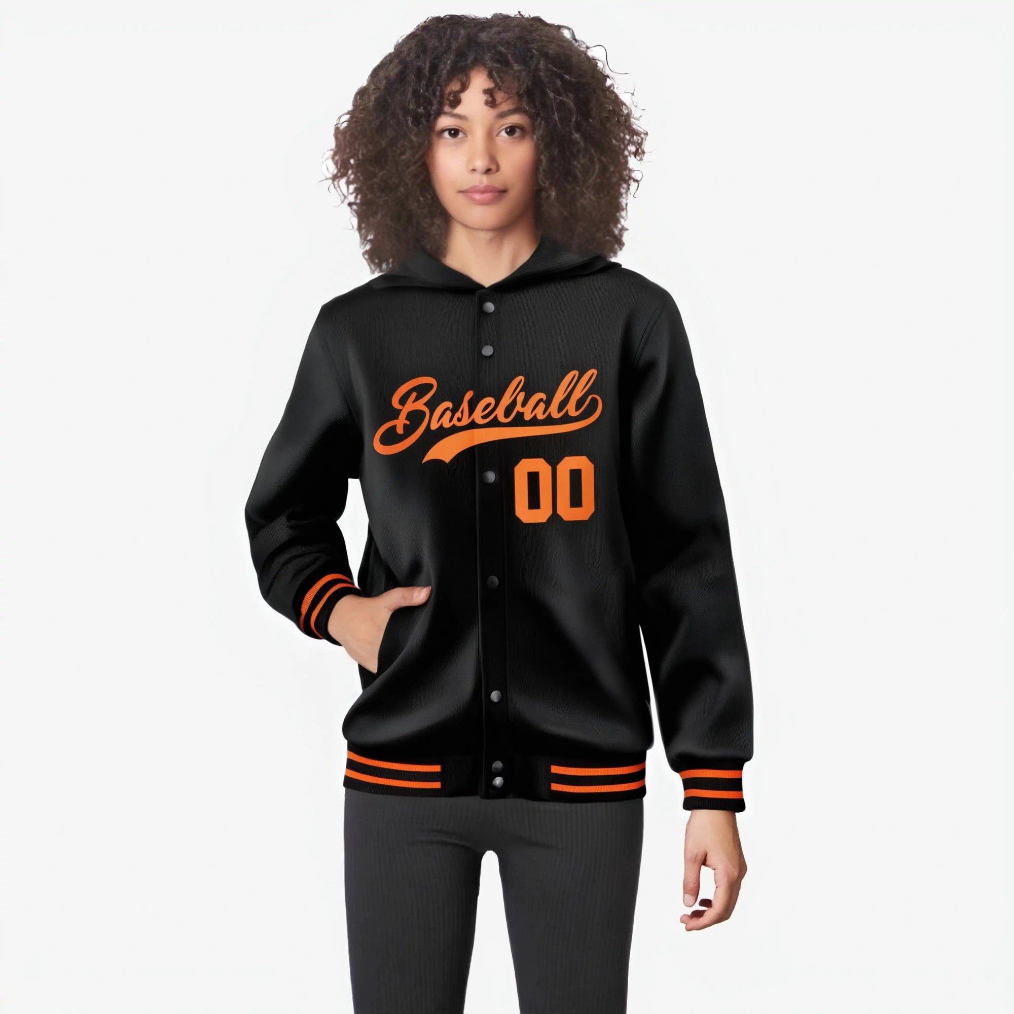 Custom Black Orange-Black Varsity Full-Snap Letterman Classic Hoodie Jacket