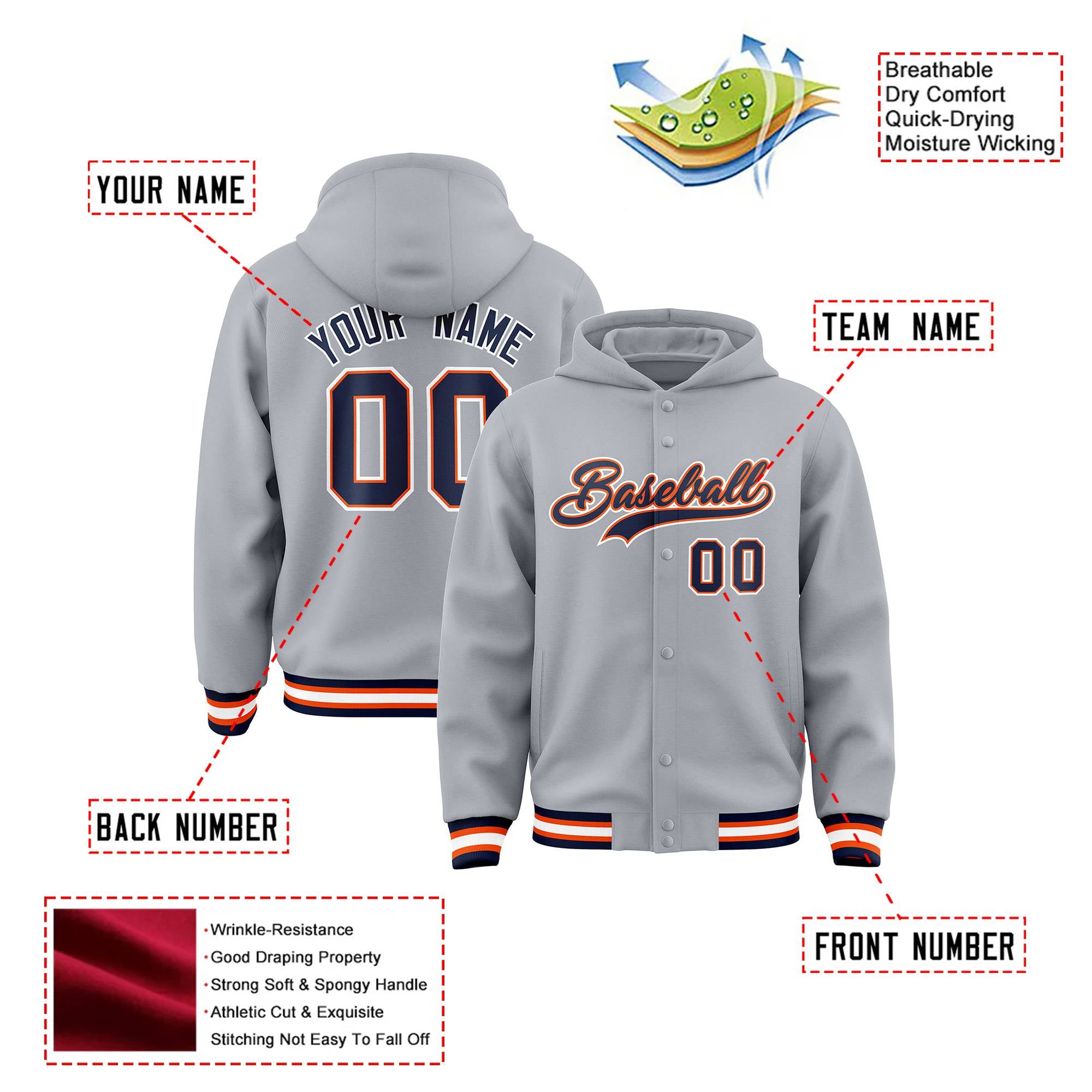 Custom Gray Navy-Orage Varsity Full-Snap Letterman Classic Hoodie Jacket