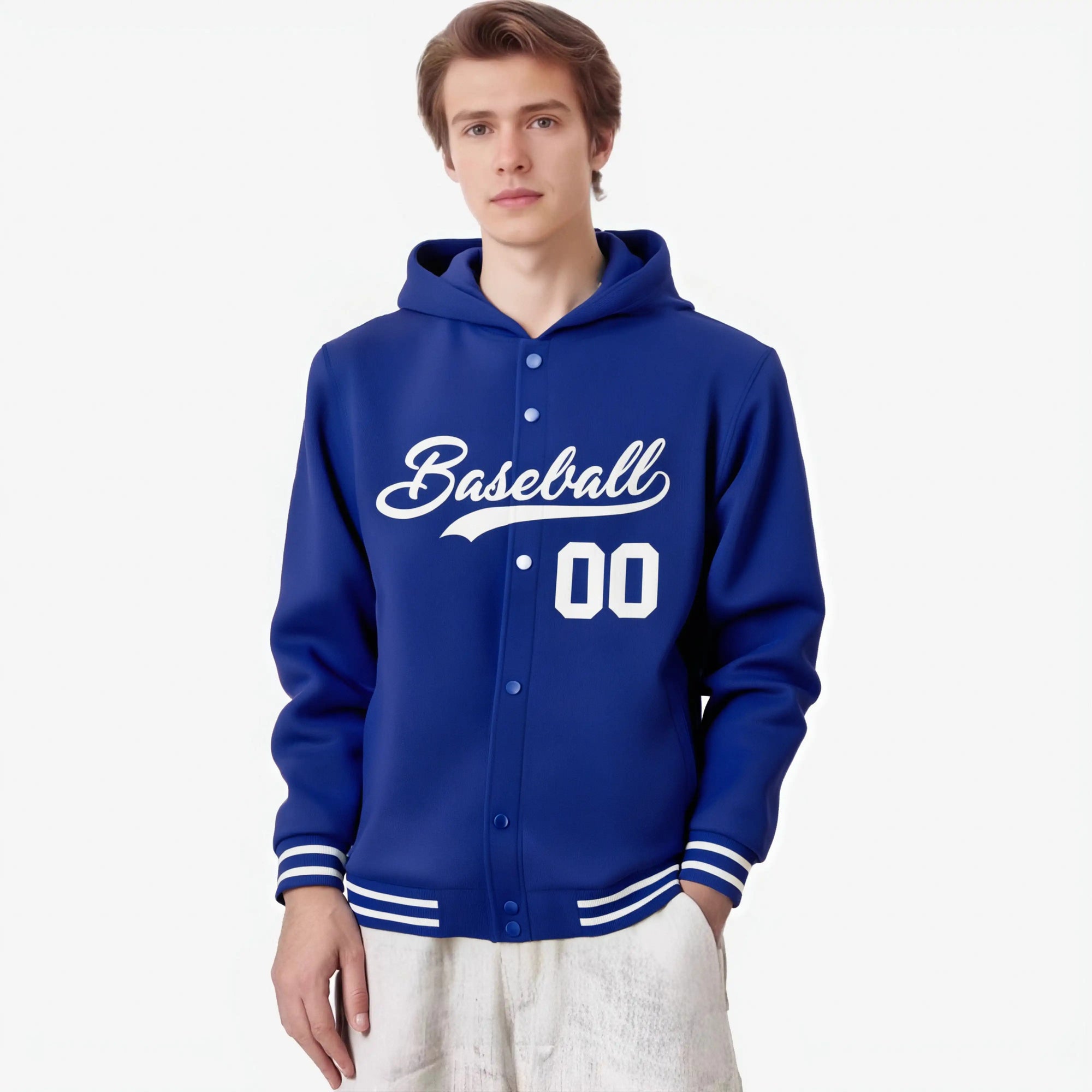 Custom Royal Blue White Varsity Full-Snap Letterman Classic Hoodie Jacket