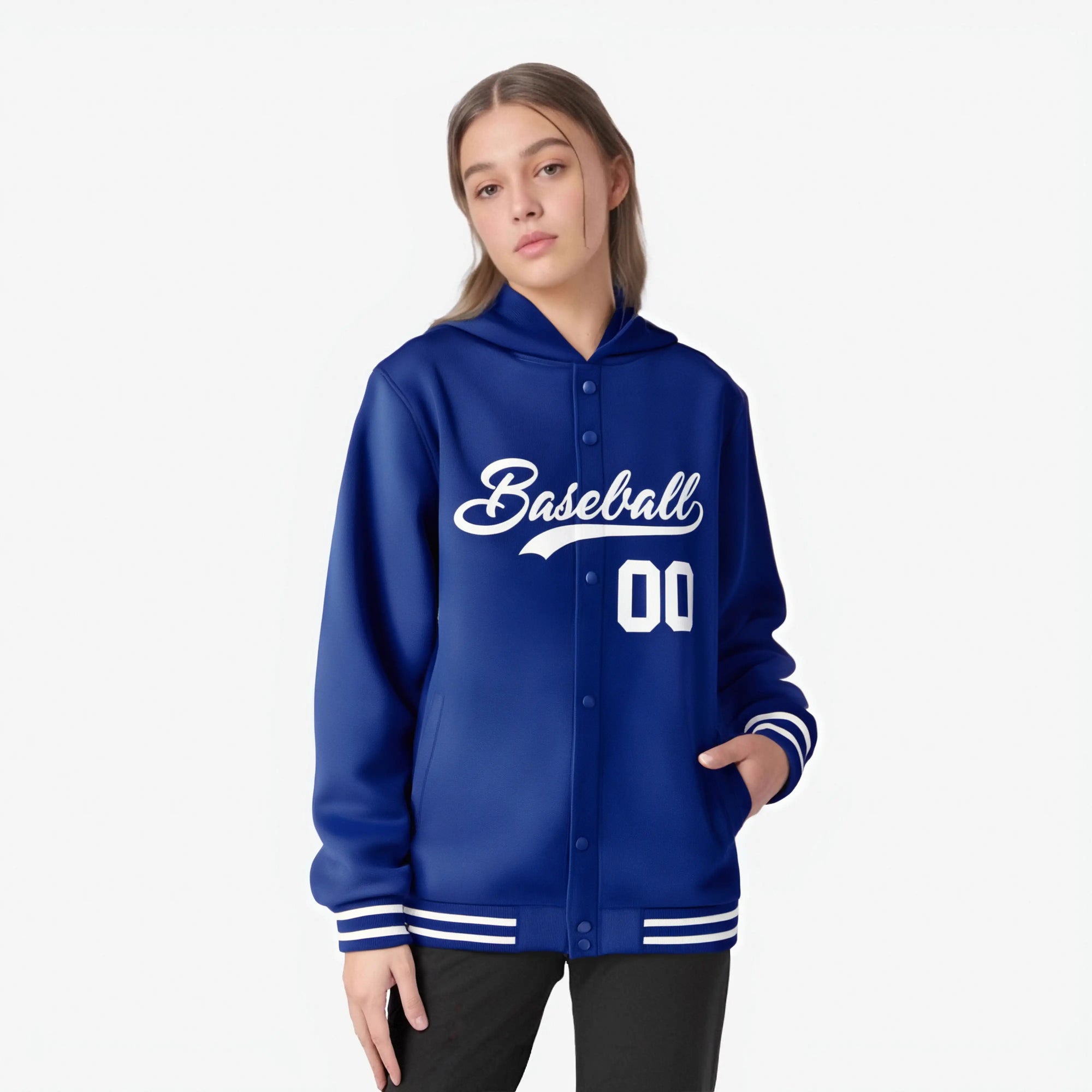 Custom Royal Blue White Varsity Full-Snap Letterman Classic Hoodie Jacket