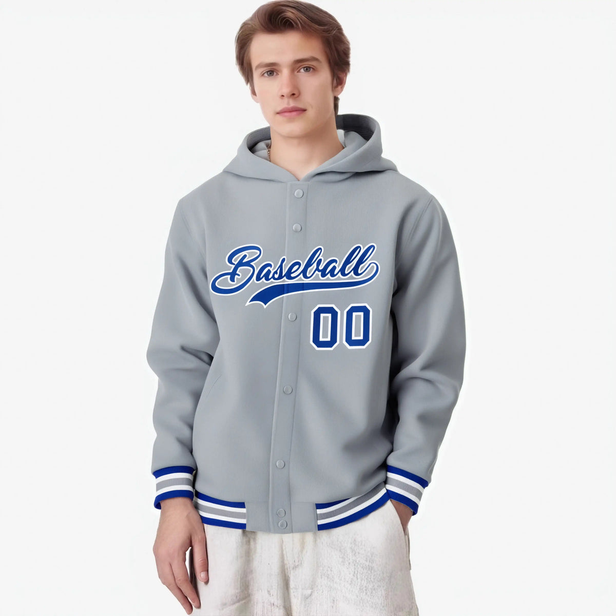 Custom Gray Royal Blue-White Varsity Full-Snap Letterman Classic Hoodie Jacket