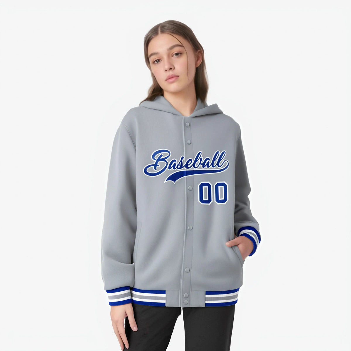 Custom Gray Royal Blue-White Varsity Full-Snap Letterman Classic Hoodie Jacket
