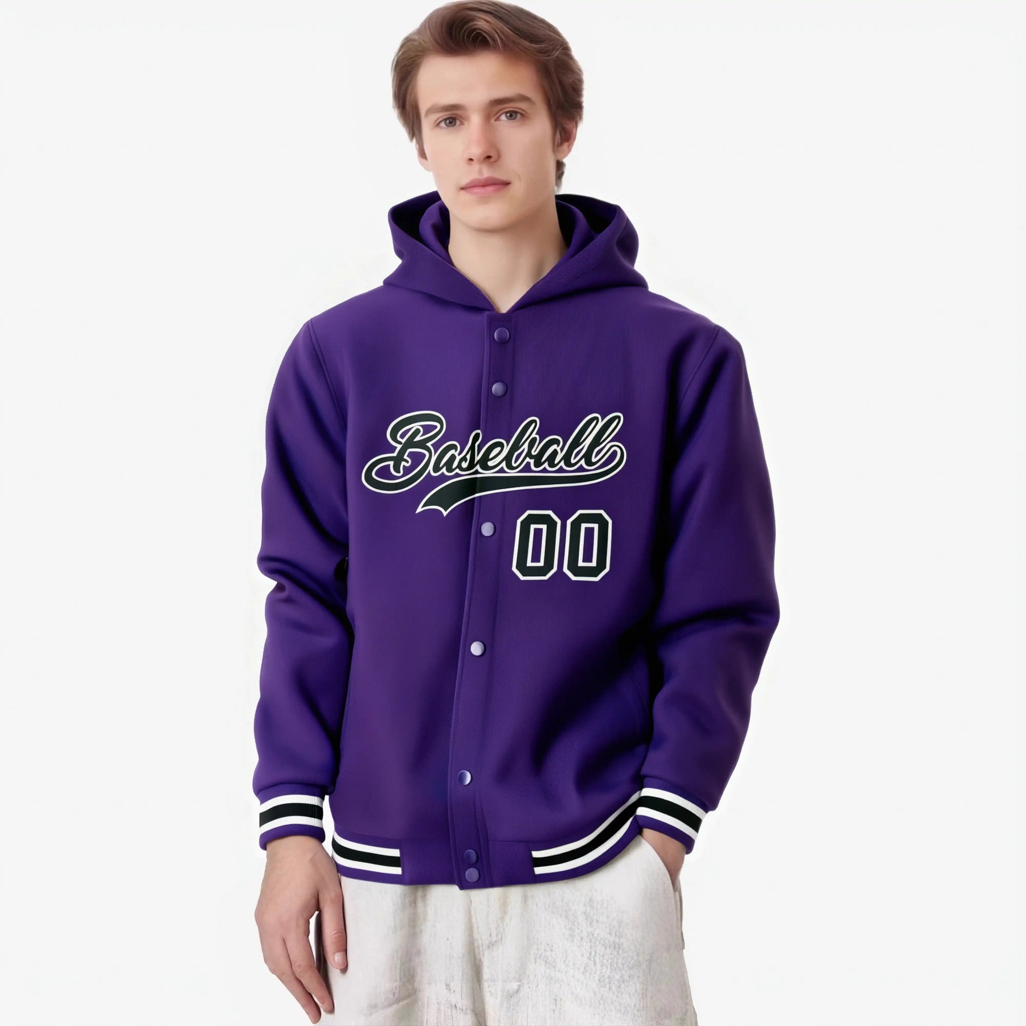 Custom Purple Black-White Varsity Full-Snap Letterman Classic Hoodie Jacket