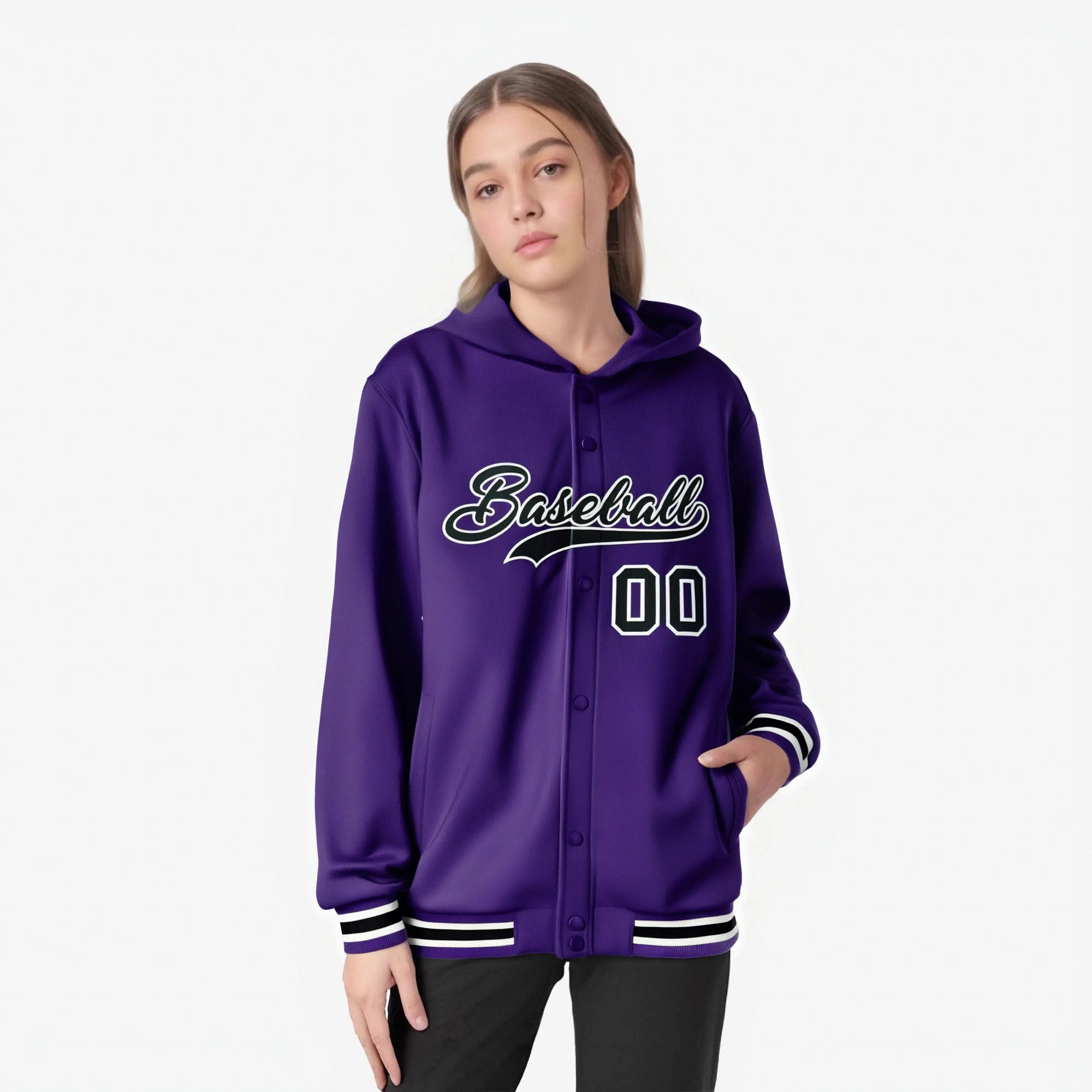 Custom Purple Black-White Varsity Full-Snap Letterman Classic Hoodie Jacket