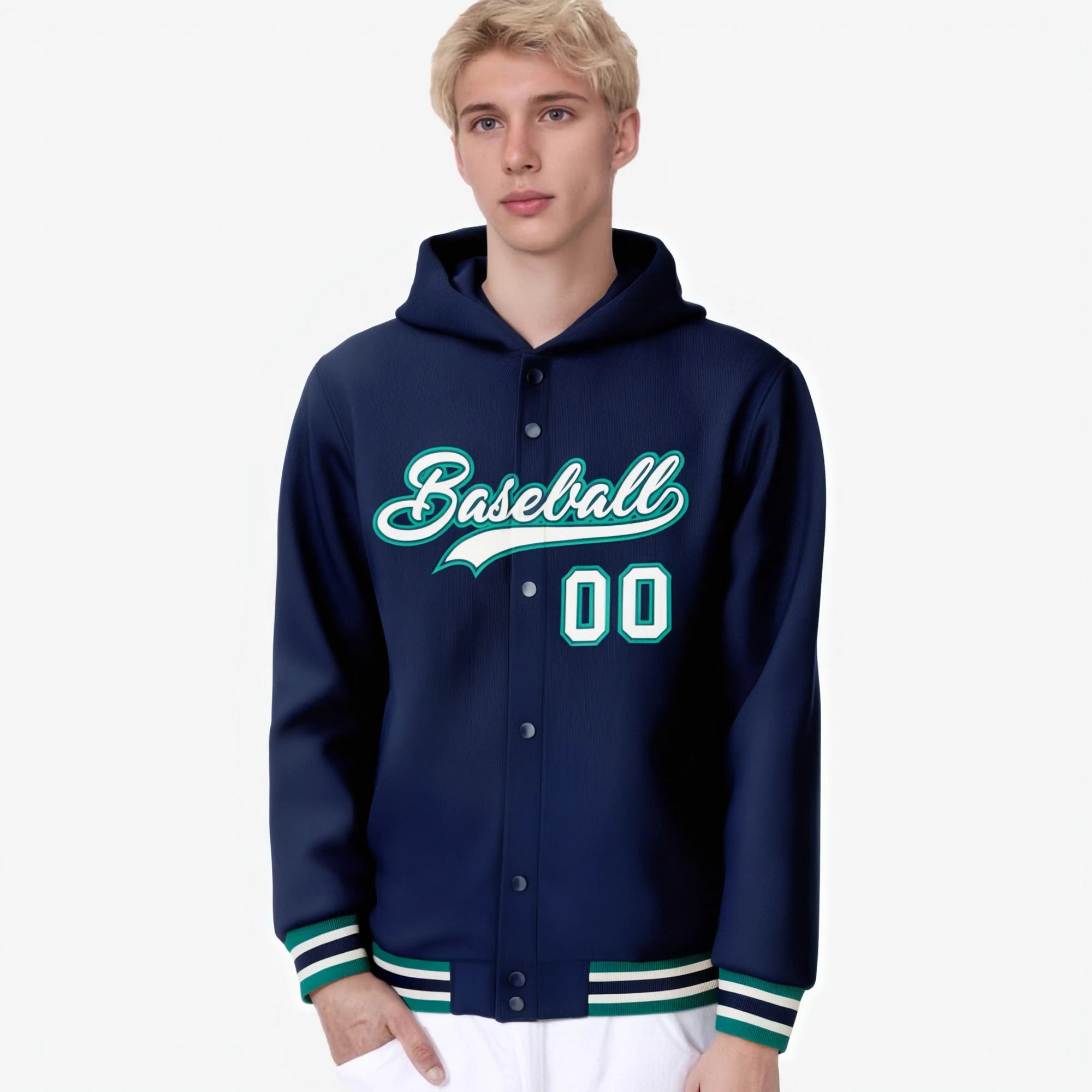 Custom Navy Gray-Aqua Varsity Full-Snap Letterman Classic Hoodie Jacket