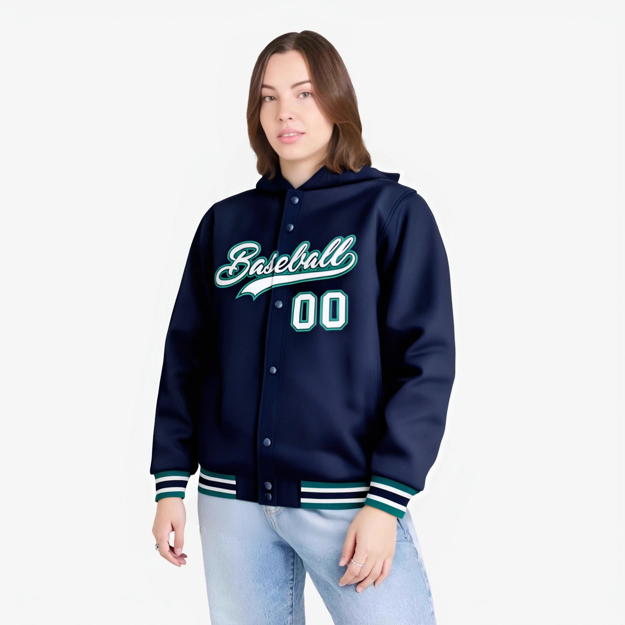 Custom Navy Gray-Aqua Varsity Full-Snap Letterman Classic Hoodie Jacket