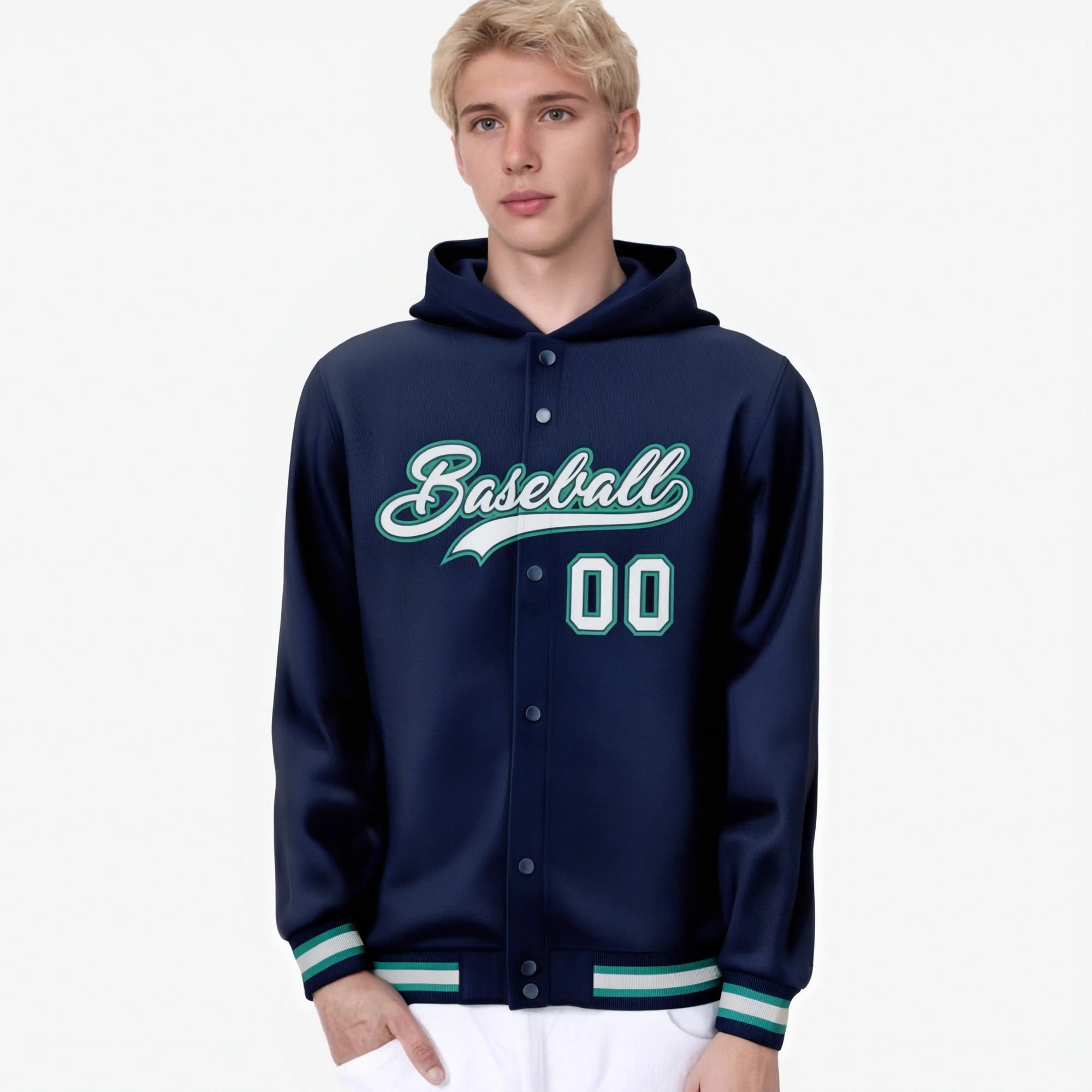 Custom Navy Gray-Aqua Varsity Full-Snap Letterman Classic Hoodie Jacket