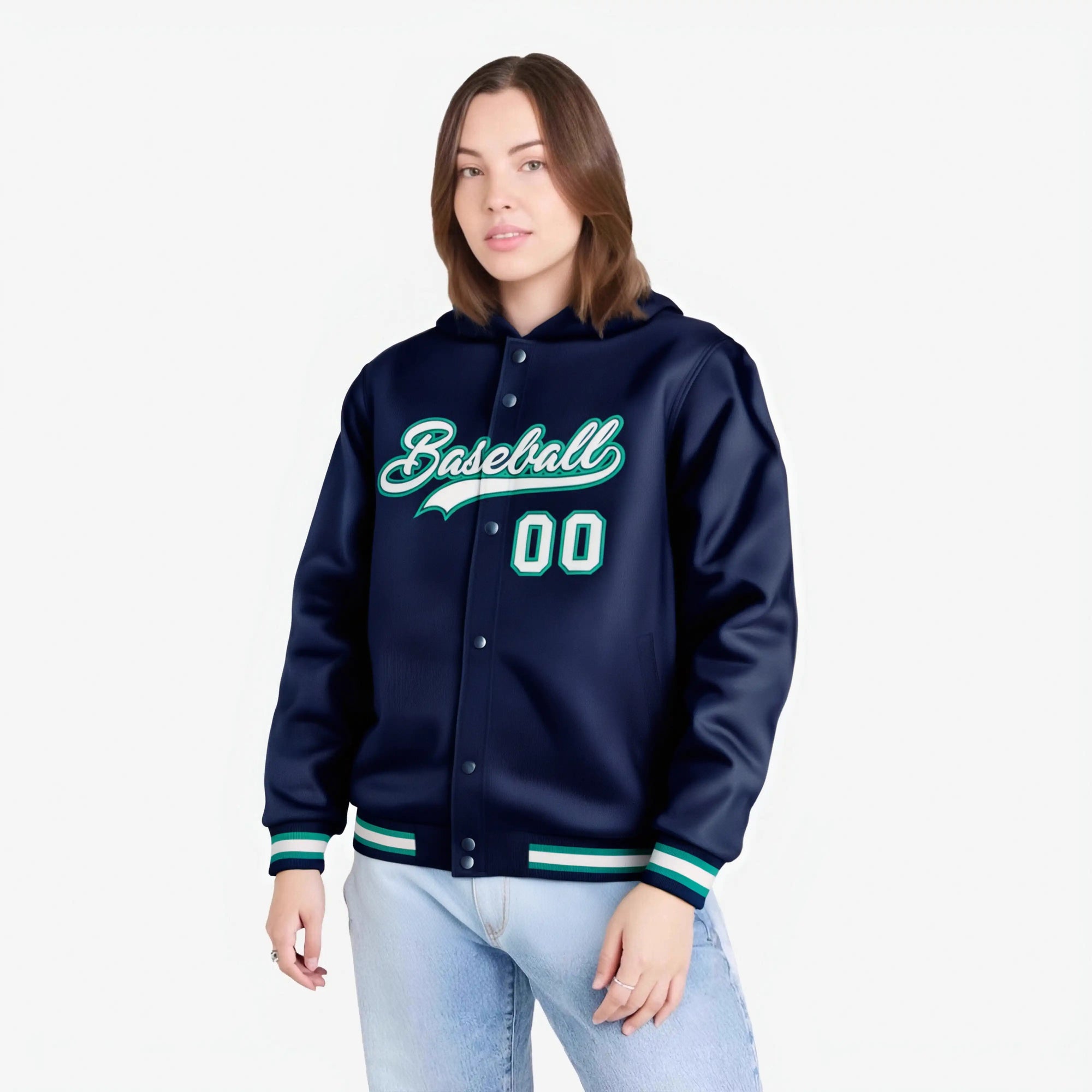 Custom Navy Gray-Aqua Varsity Full-Snap Letterman Classic Hoodie Jacket