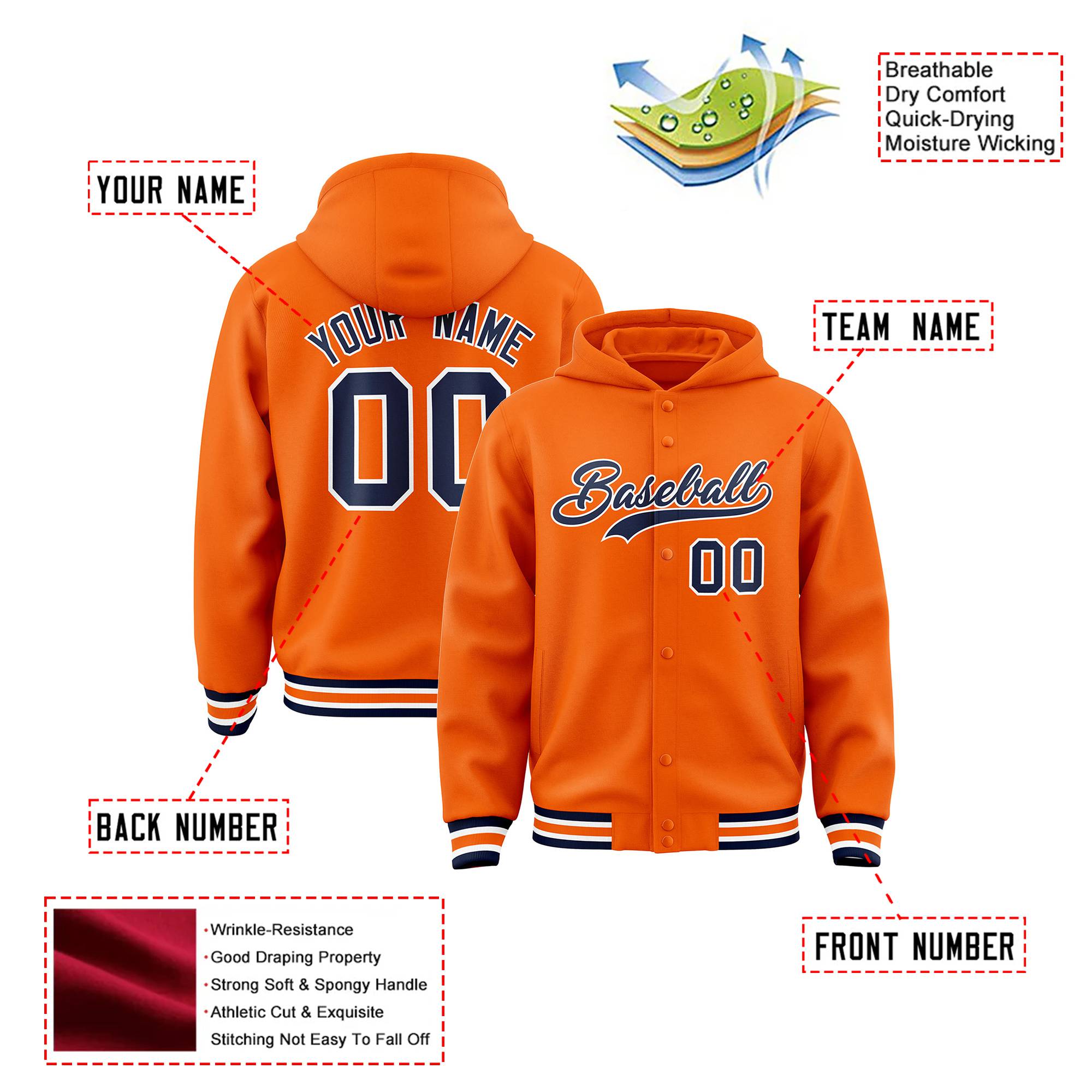 Custom Orange Navy-White Varsity Full-Snap Letterman Classic Hoodie Jacket