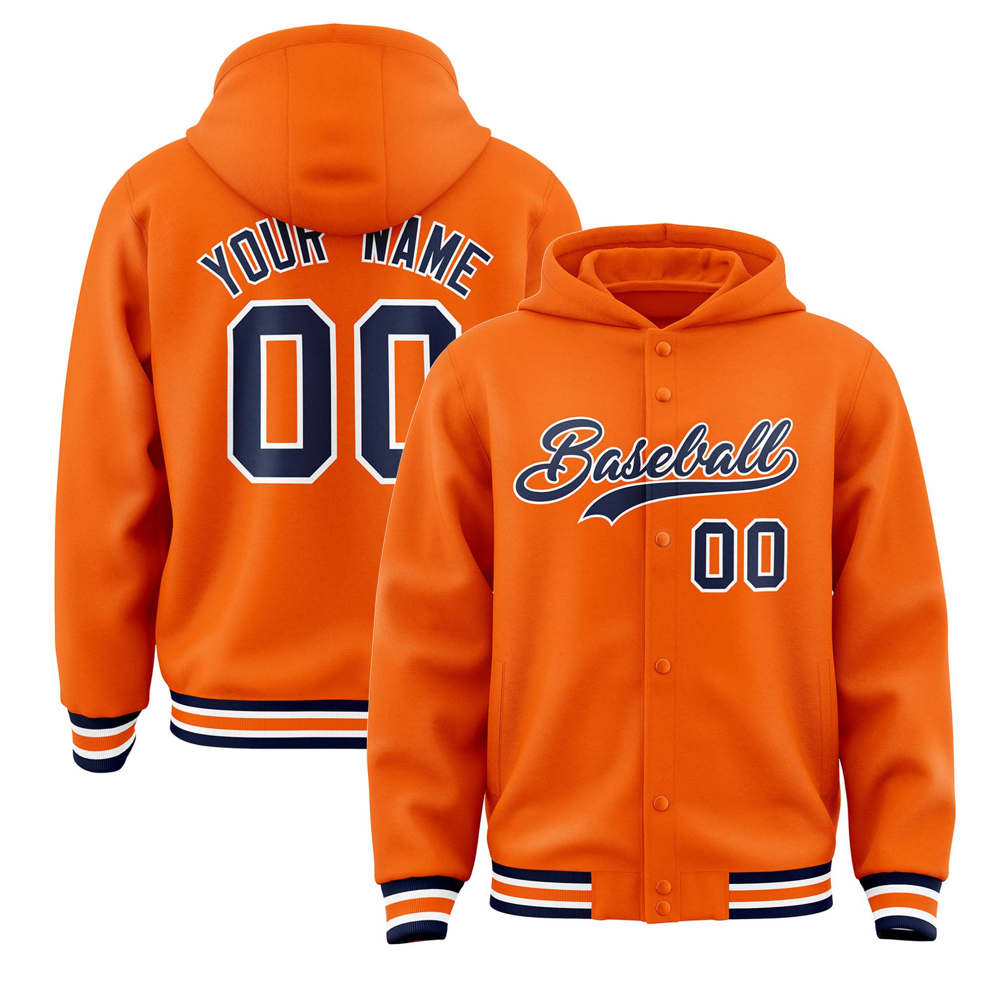 Custom Orange Navy-White Varsity Full-Snap Letterman Classic Hoodie Jacket