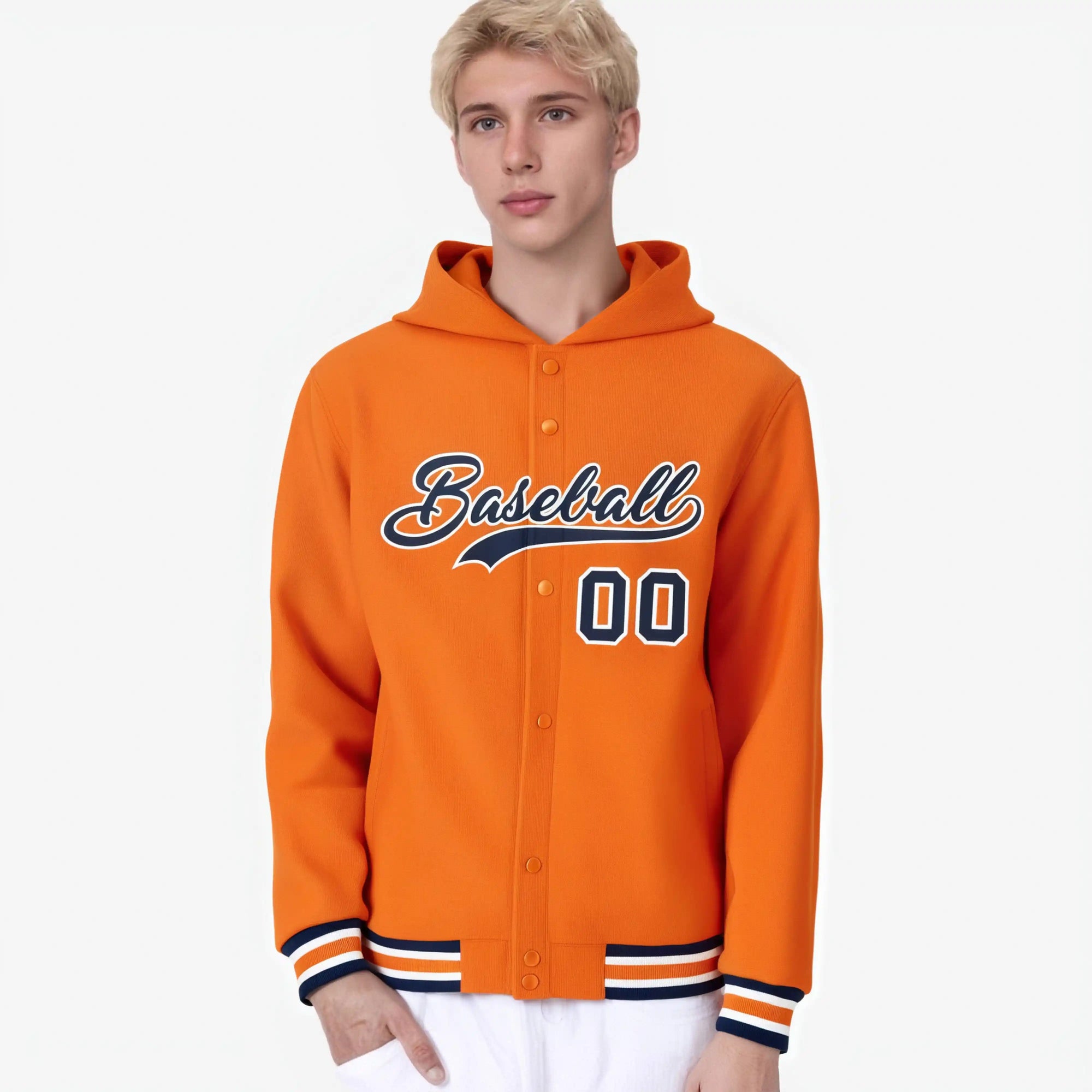 Custom Orange Navy-White Varsity Full-Snap Letterman Classic Hoodie Jacket