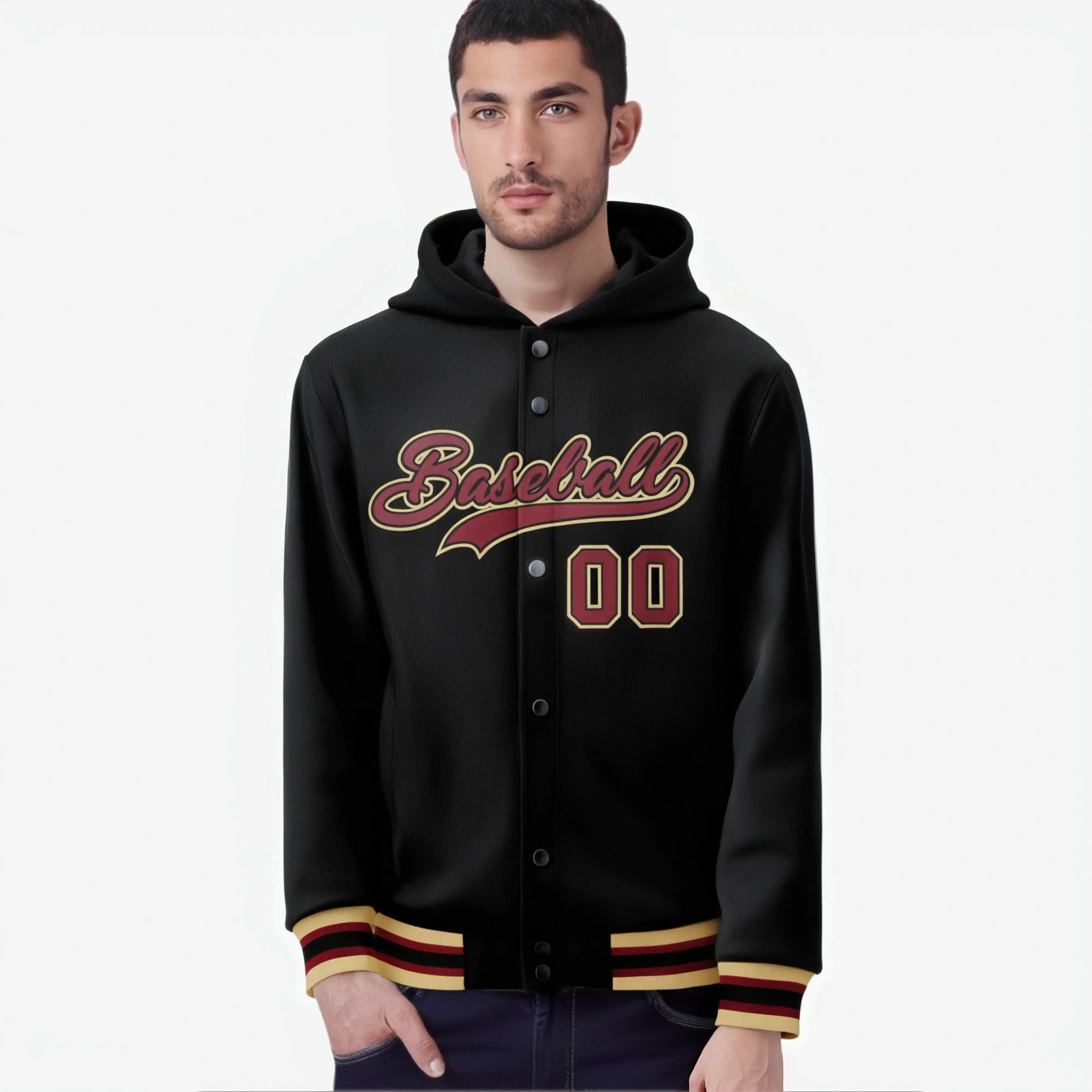 Custom Black Crimson-Gold Varsity Full-Snap Letterman Classic Hoodie Jacket