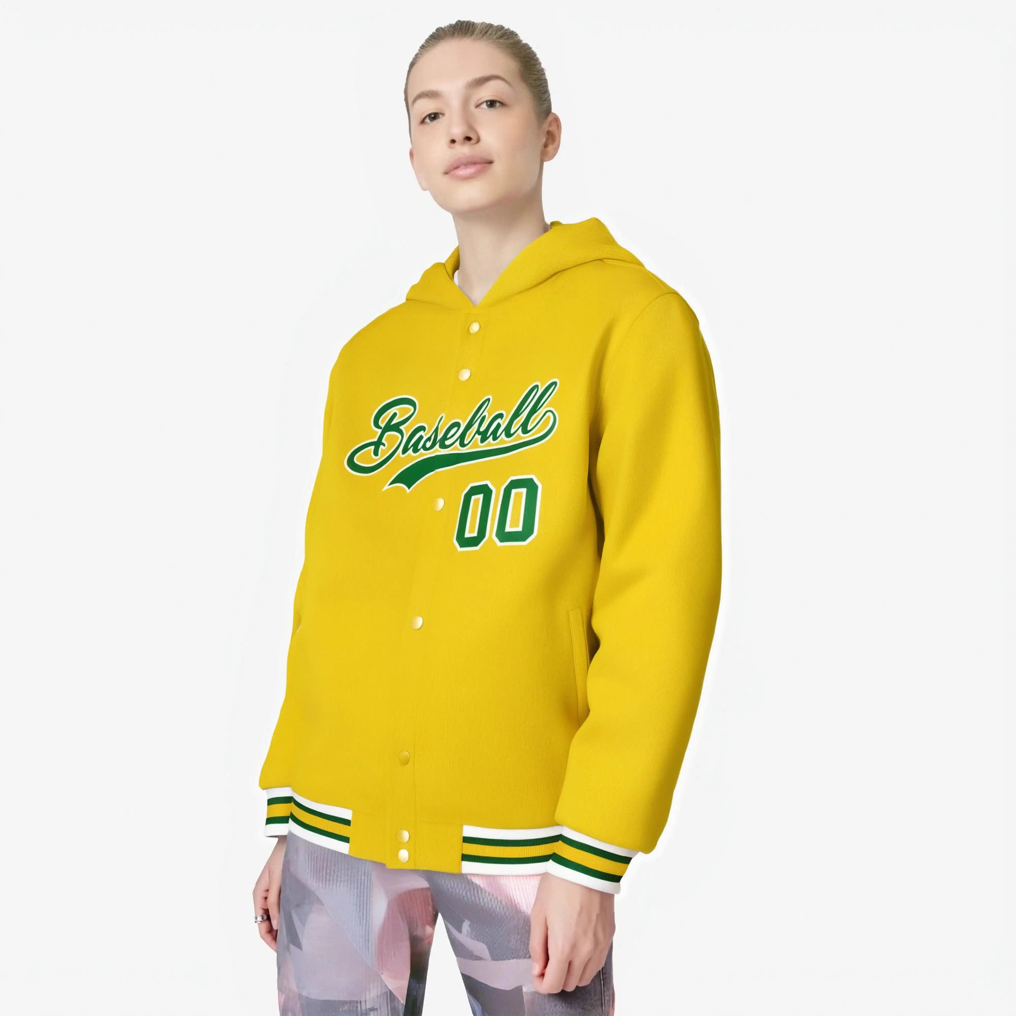 Custom Gold Green-White Varsity Full-Snap Letterman Classic Hoodie Jacket